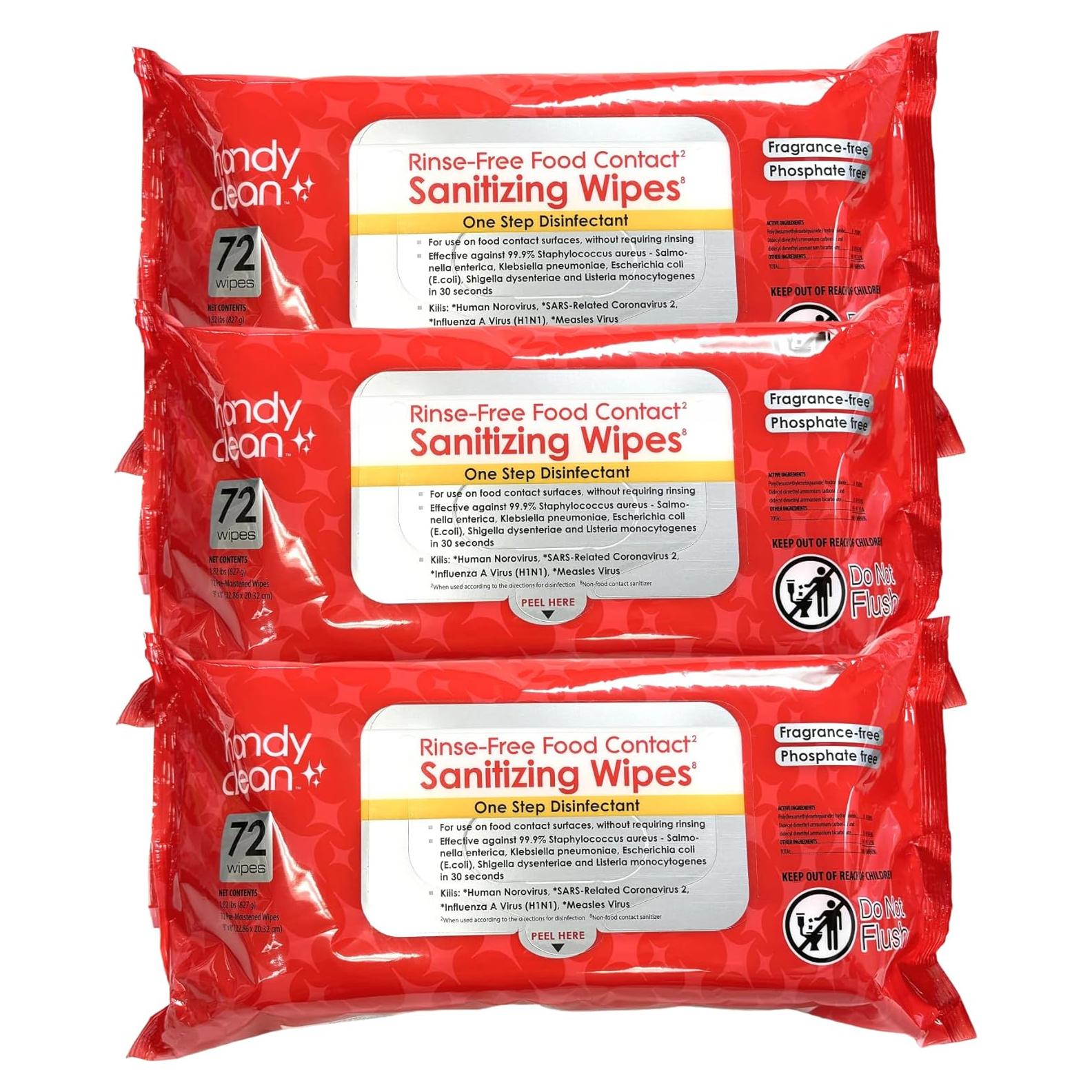 HandyClean Rinse-Free Food Contact Sanitizing Wipes Pouch, Multi Surface Cleaning Supplies for Kitchen and Professional Setting - 12 Pack (72 Wipes/Pouch)