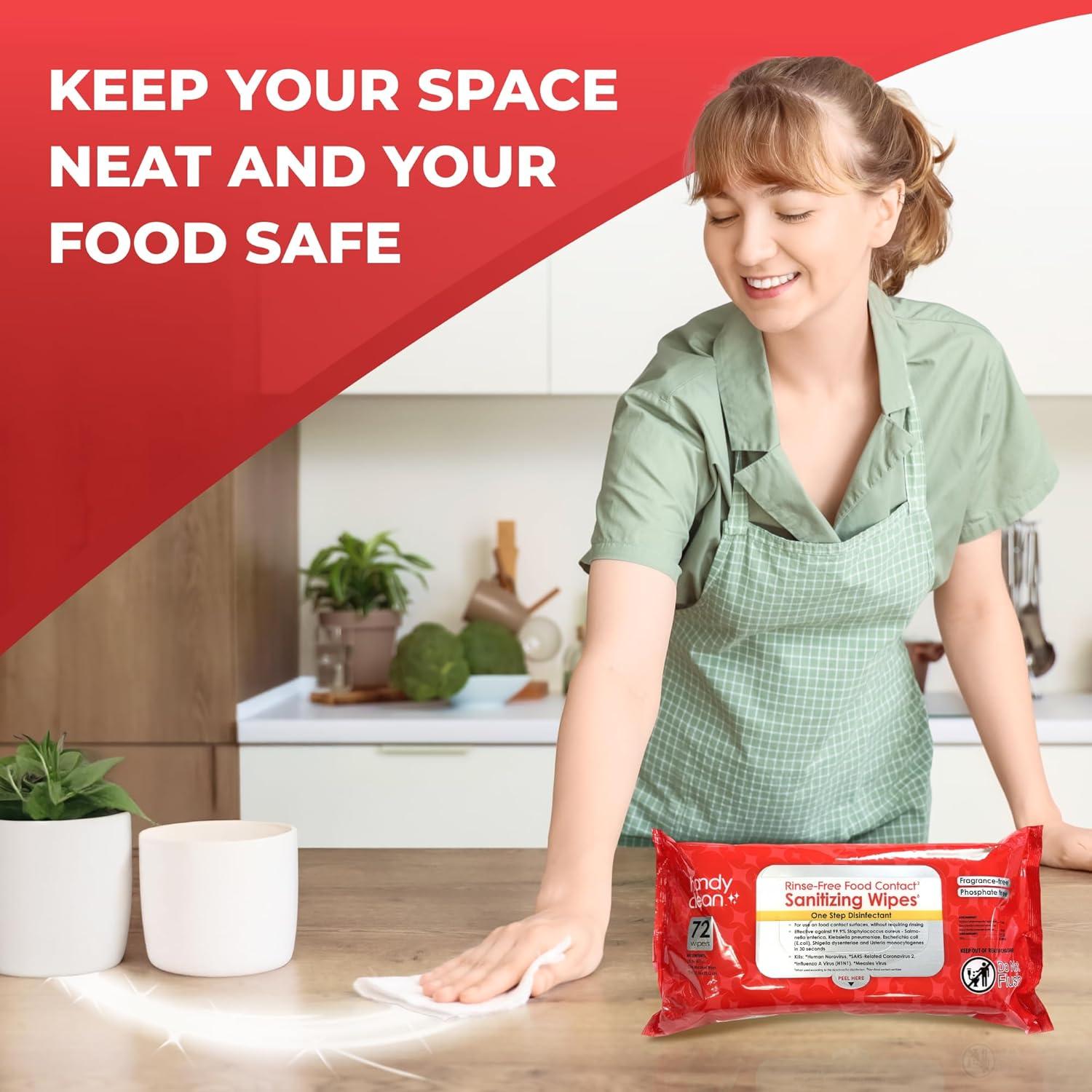 HandyClean Rinse-Free Food Contact Sanitizing Wipes Pouch, Multi Surface Cleaning Supplies for Kitchen and Professional Setting - 12 Pack (72 Wipes/Pouch)