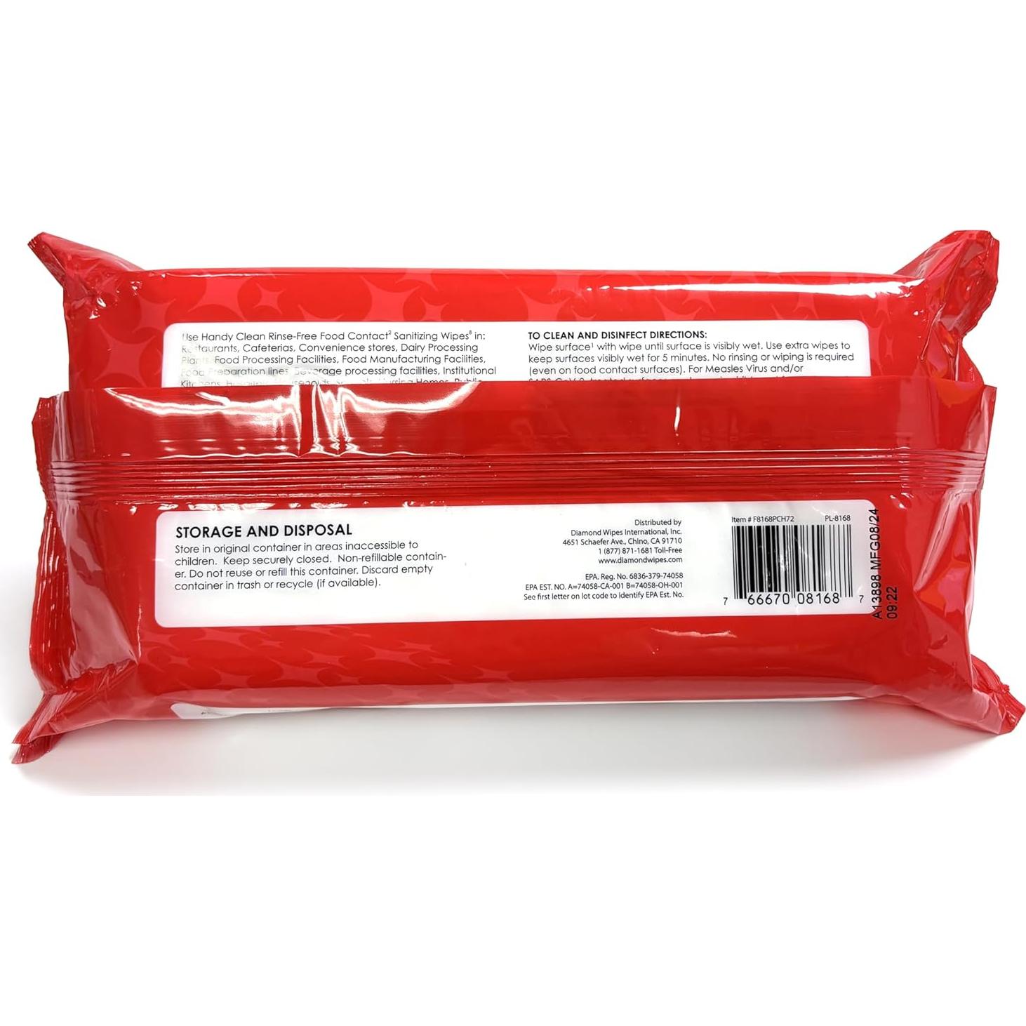 HandyClean Rinse-Free Food Contact Sanitizing Wipes Pouch, Multi Surface Cleaning Supplies for Kitchen and Professional Setting - 12 Pack (72 Wipes/Pouch)