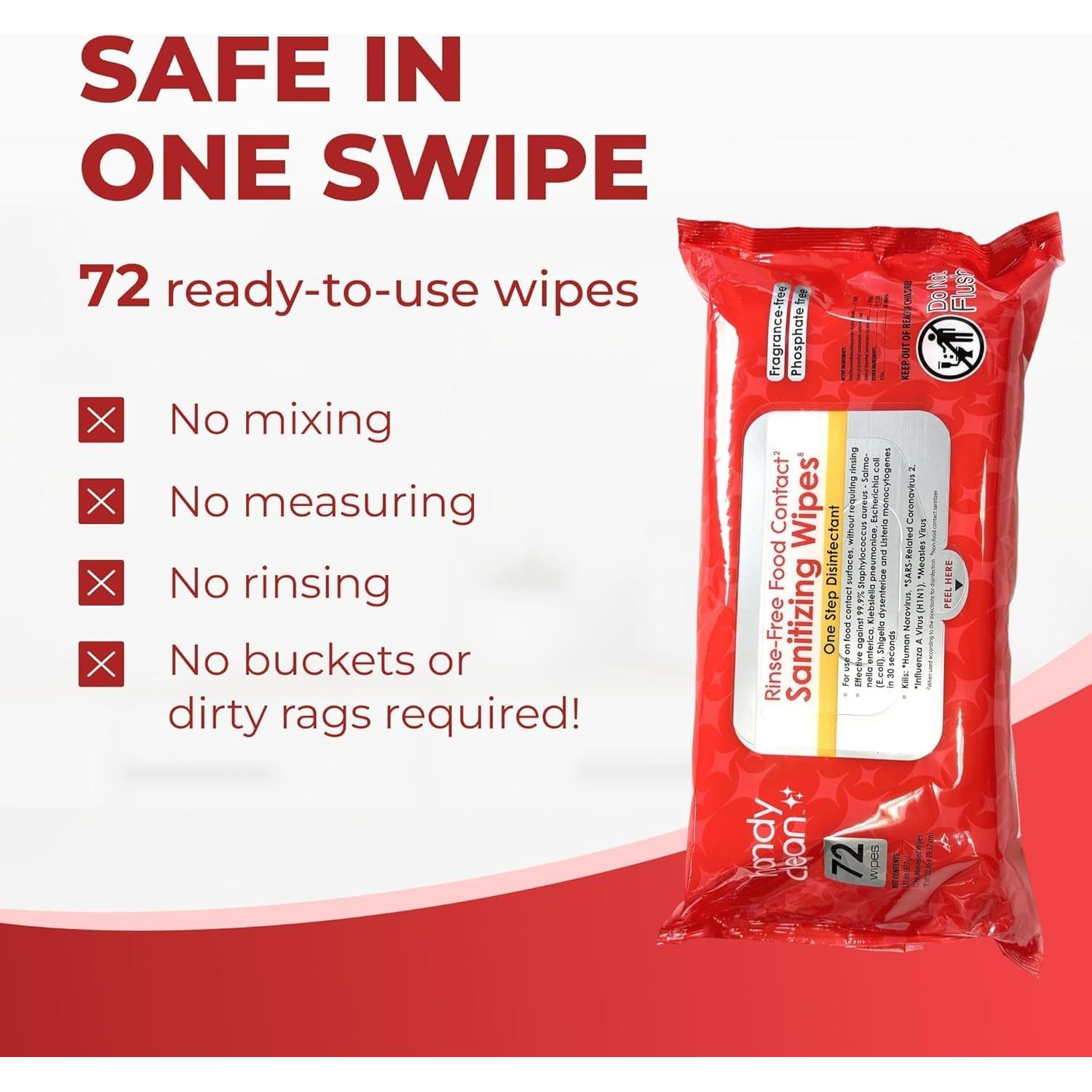 HandyClean Rinse-Free Food Contact Sanitizing Wipes Pouch, Multi Surface Cleaning Supplies for Kitchen and Professional Setting - 12 Pack (72 Wipes/Pouch)