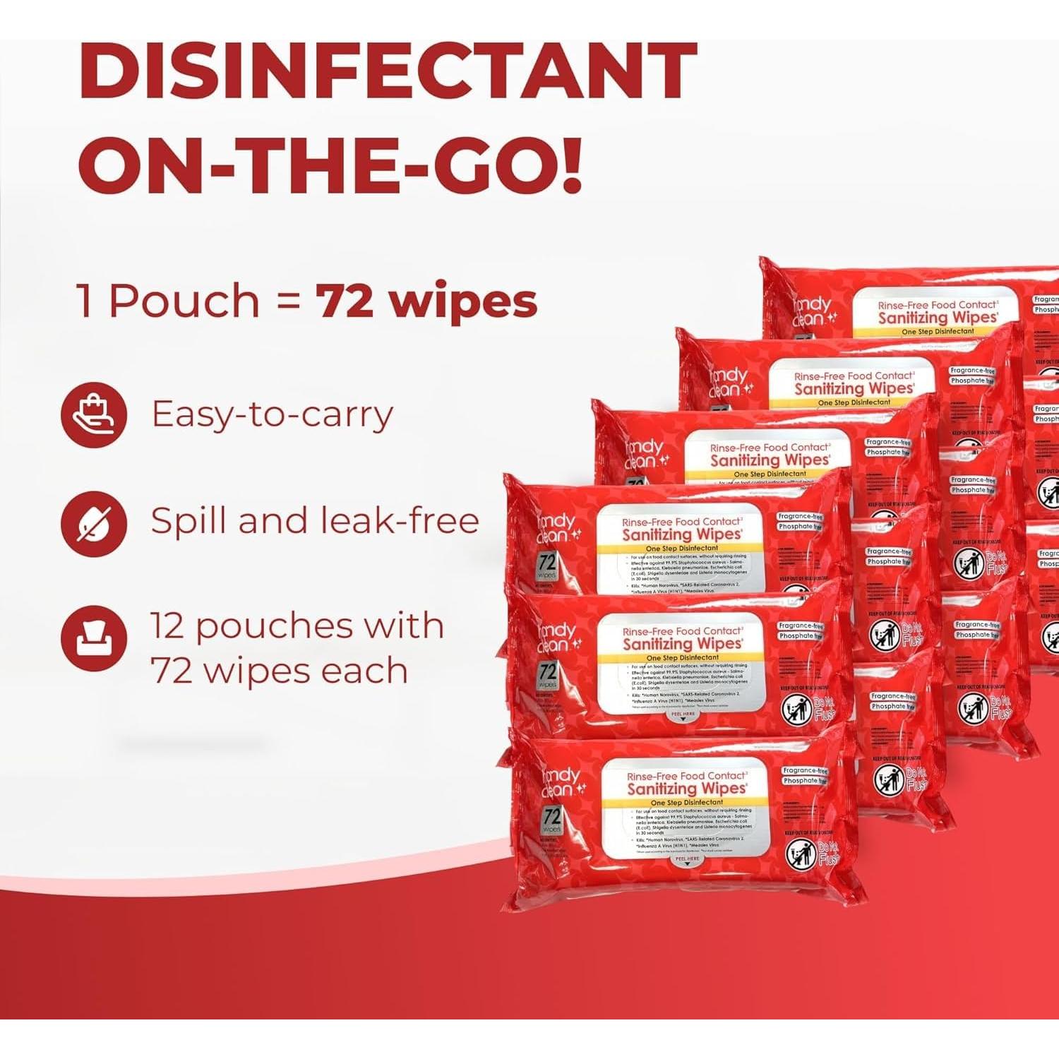 HandyClean Rinse-Free Food Contact Sanitizing Wipes Pouch, Multi Surface Cleaning Supplies for Kitchen and Professional Setting - 12 Pack (72 Wipes/Pouch)