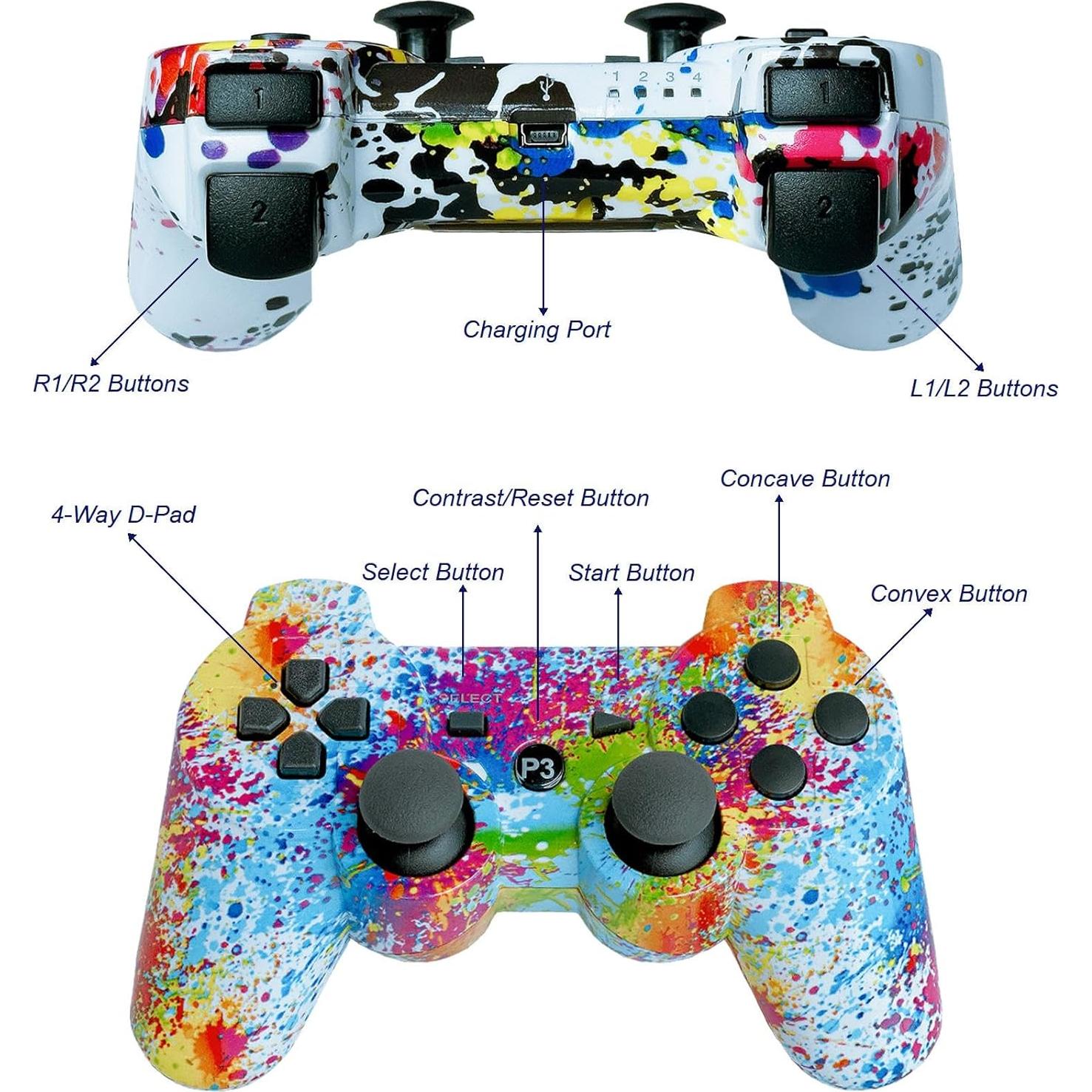 Controlador Inalámbrico PS3 eSeunLau - 2 Unidades, Bluetooth, Doble Vibración