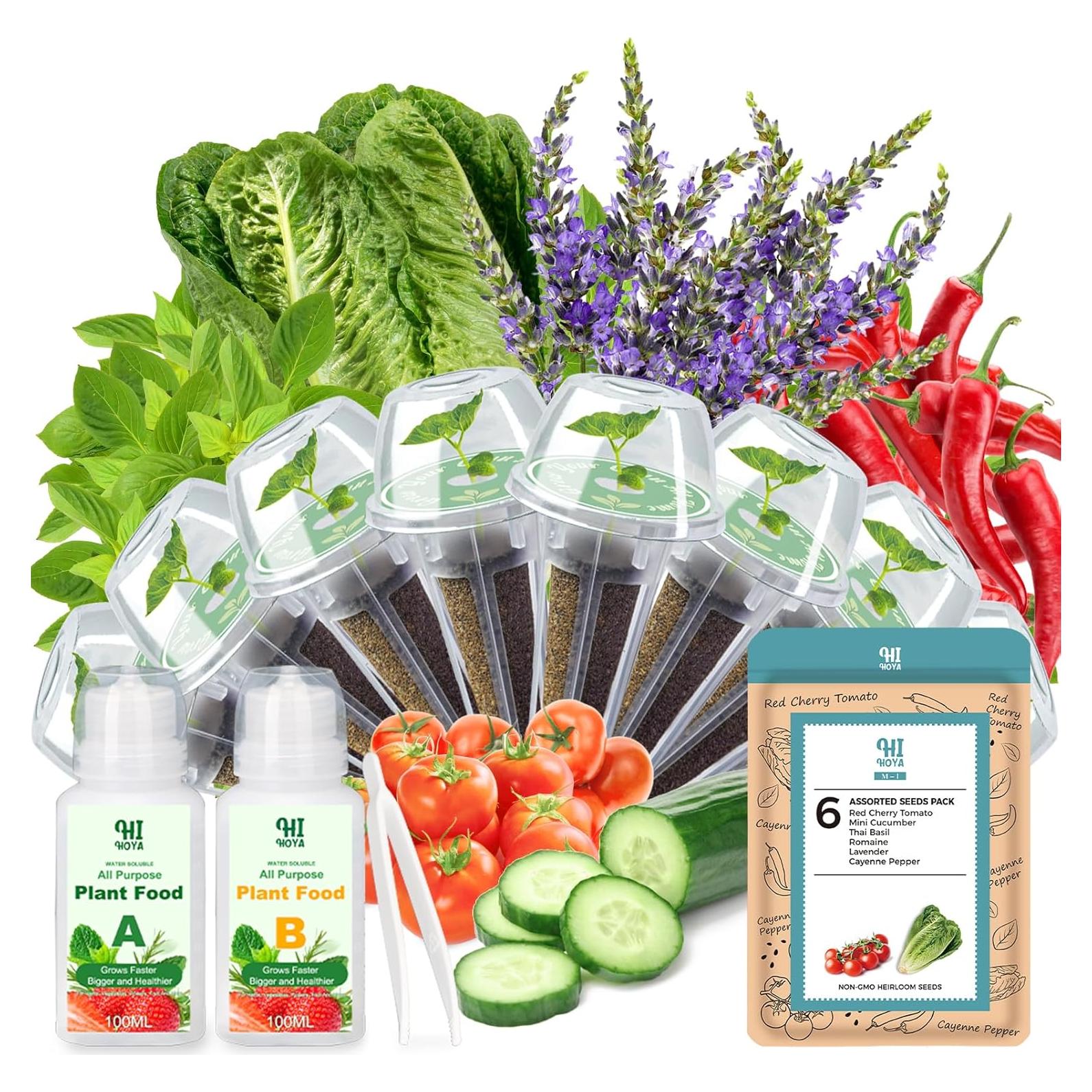 Kit de Vasos de Semillas HiHOYA para Cultivo Hidropónico - 8 Vasos con 600 Semillas de Lechuga, Albahaca, Tomate, Pepino y Más