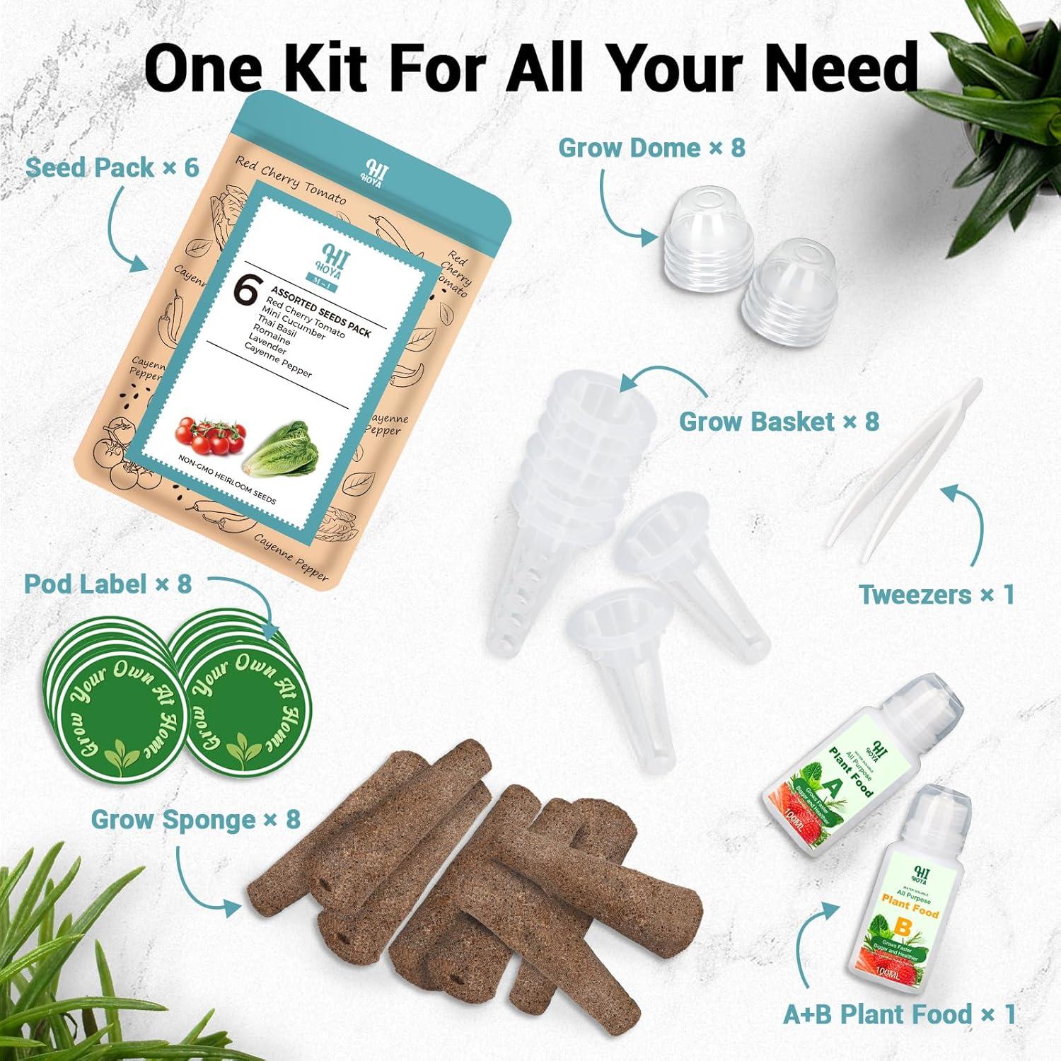 Kit de Vasos de Semillas HiHOYA para Cultivo Hidropónico - 8 Vasos con 600 Semillas de Lechuga, Albahaca, Tomate, Pepino y Más