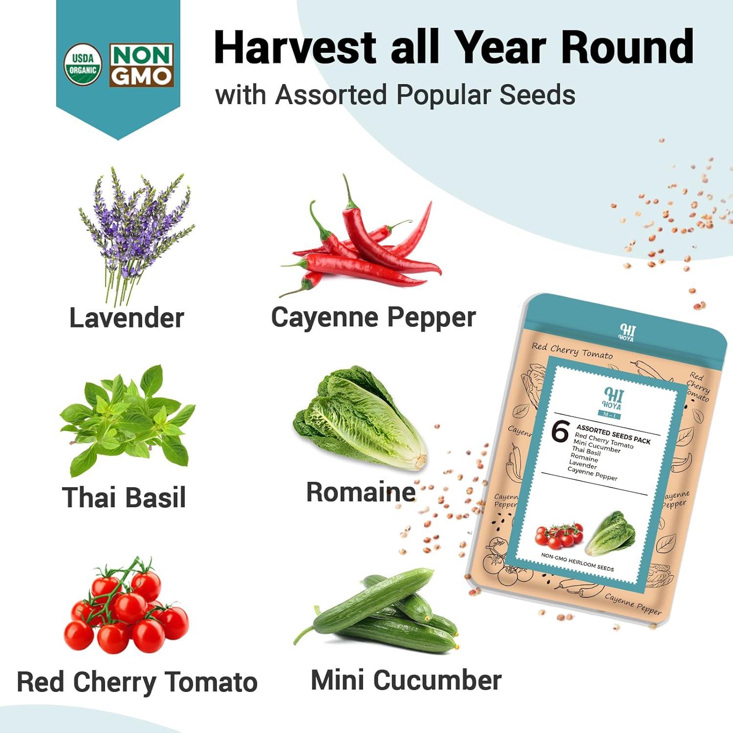 Kit de Vasos de Semillas HiHOYA para Cultivo Hidropónico - 8 Vasos con 600 Semillas de Lechuga, Albahaca, Tomate, Pepino y Más