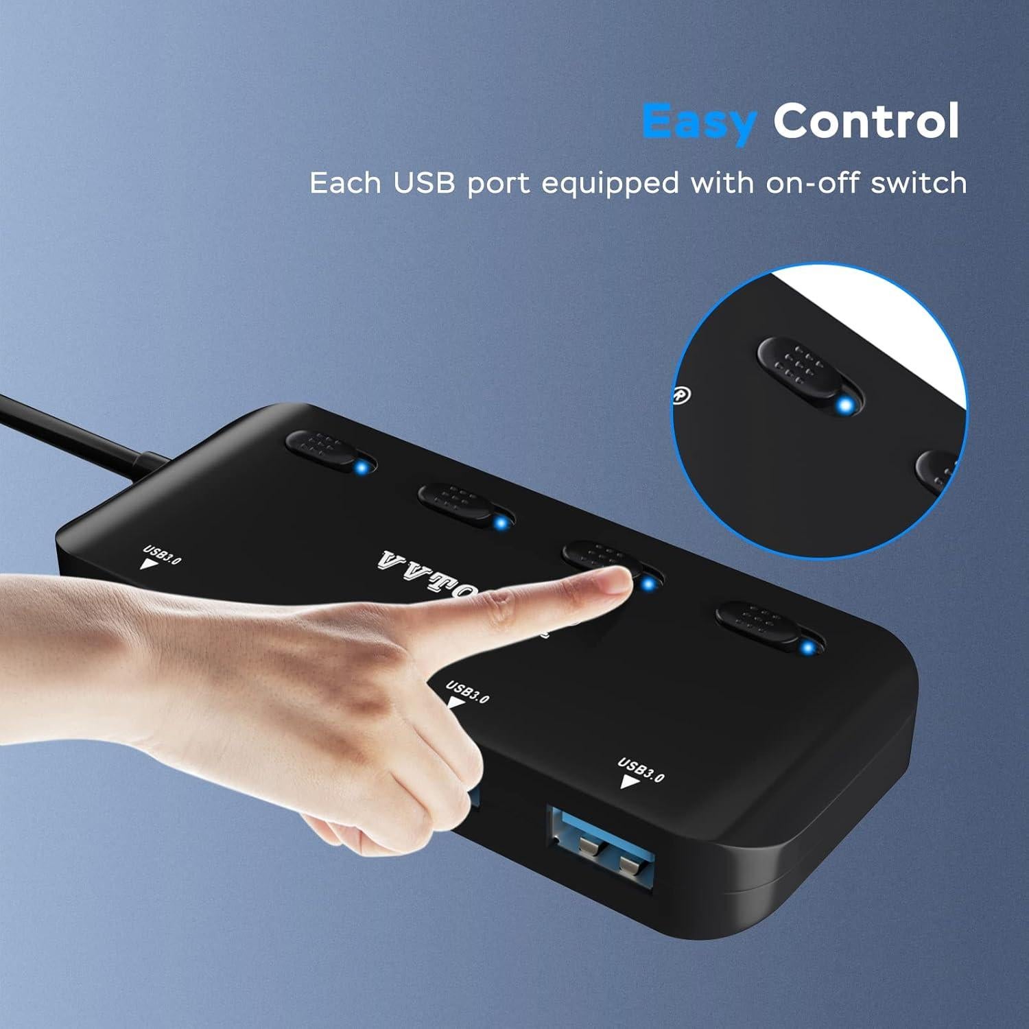 Hub USB 3.0 VVTOYER 4 Puertos con Interruptores y USB-C