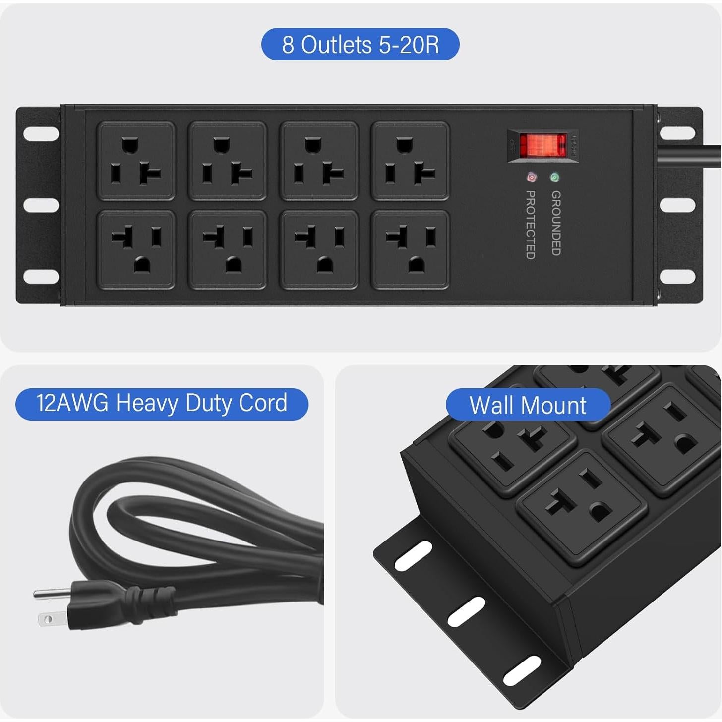 Regleta de Potencia CCCEI 20A 8 Salidas 4FT Negra con Protección