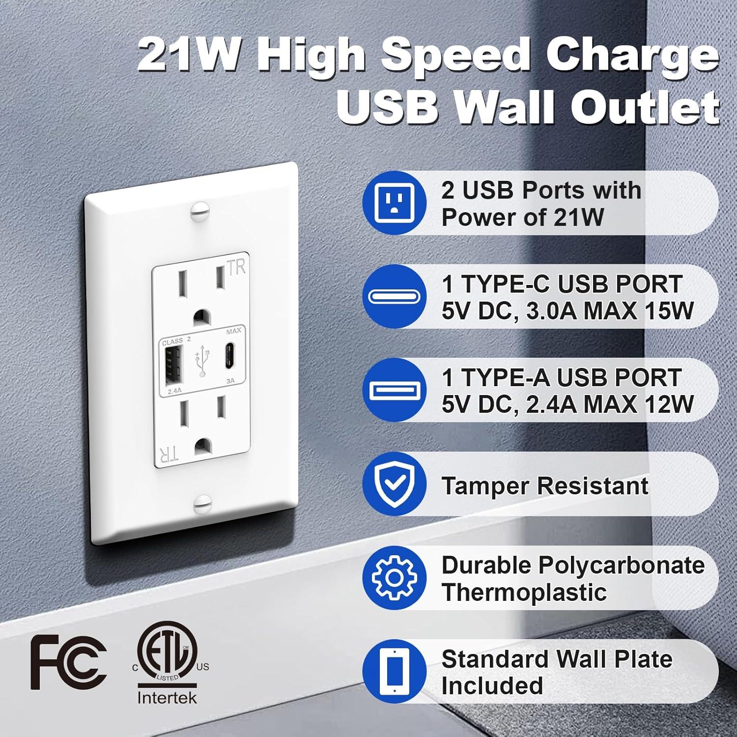 Salida de Pared ThunderWay 15A con Puertos USB Tipo A y C