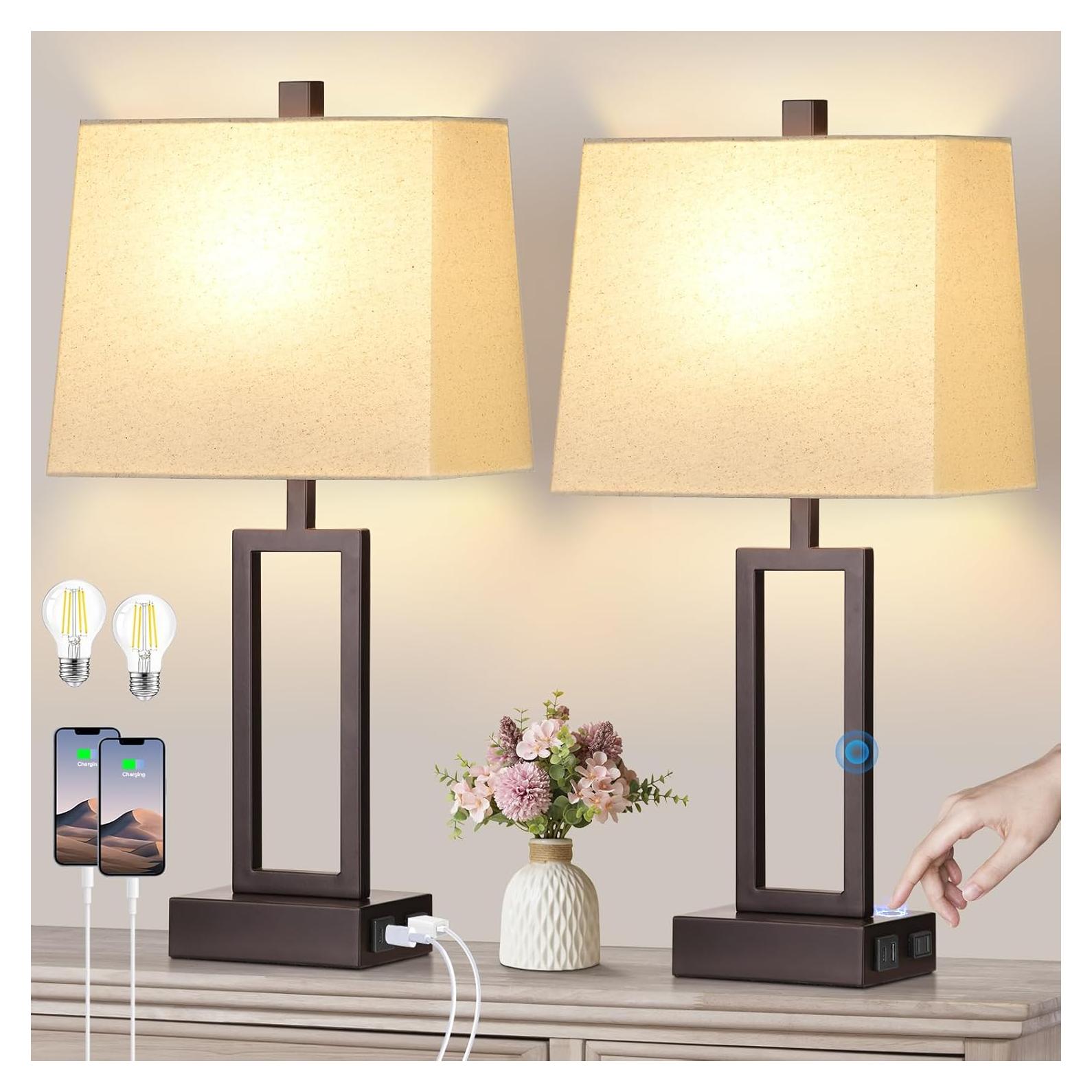 Juego de 2 Lámparas de Mesa Táctiles Marrón con USB y AC