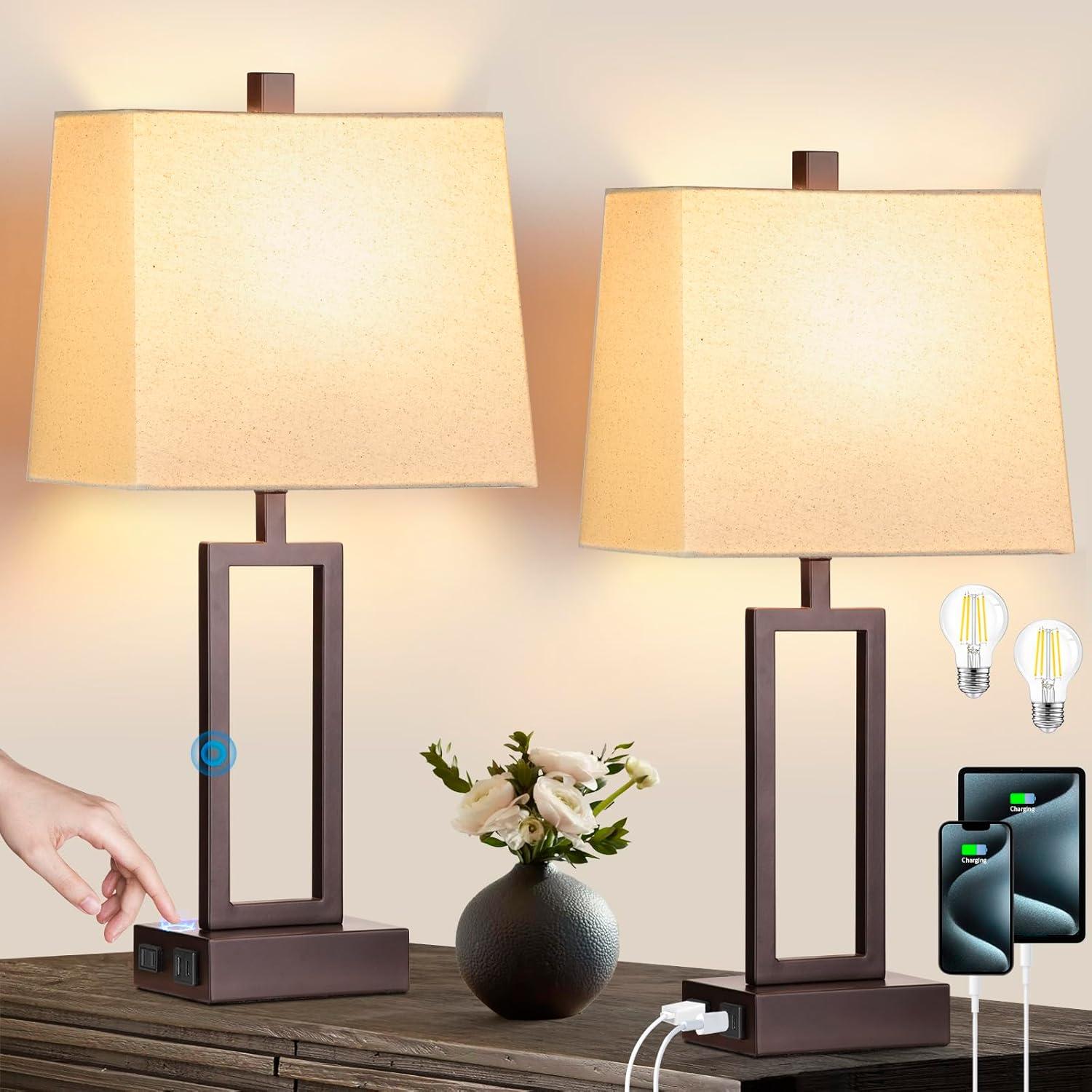 Juego de 2 Lámparas de Mesa Táctiles Marrón con USB y AC