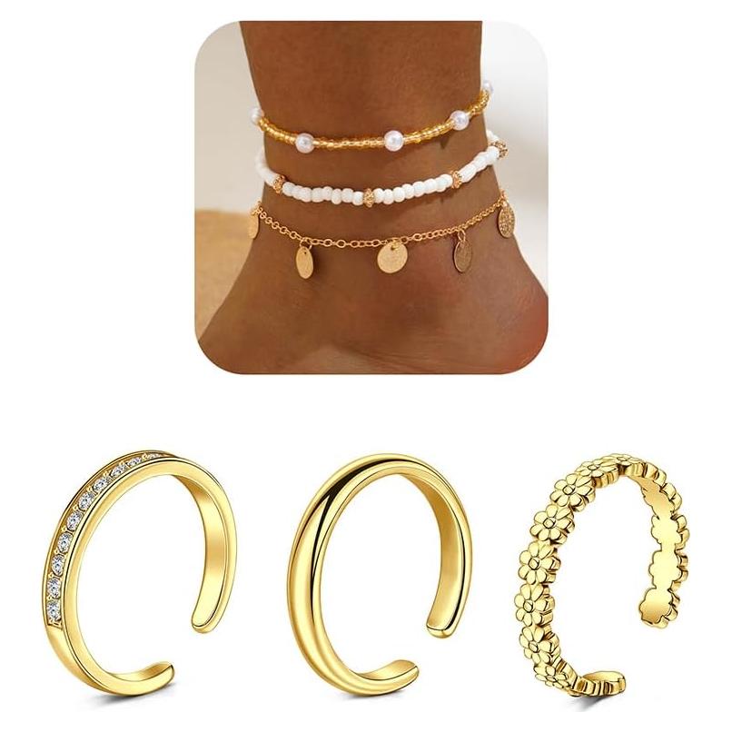 Conjunto de Joyería para Pies Briana Williams - 3 Anillos y Pulsera de Tobillo