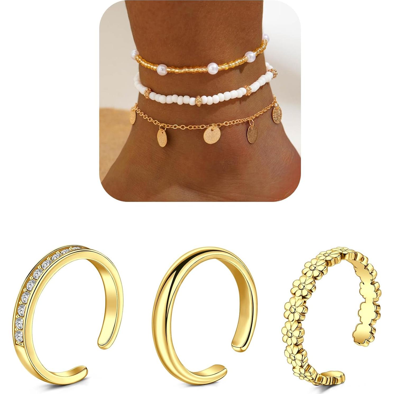 Conjunto de Joyería para Pies Briana Williams - 3 Anillos y Pulsera de Tobillo