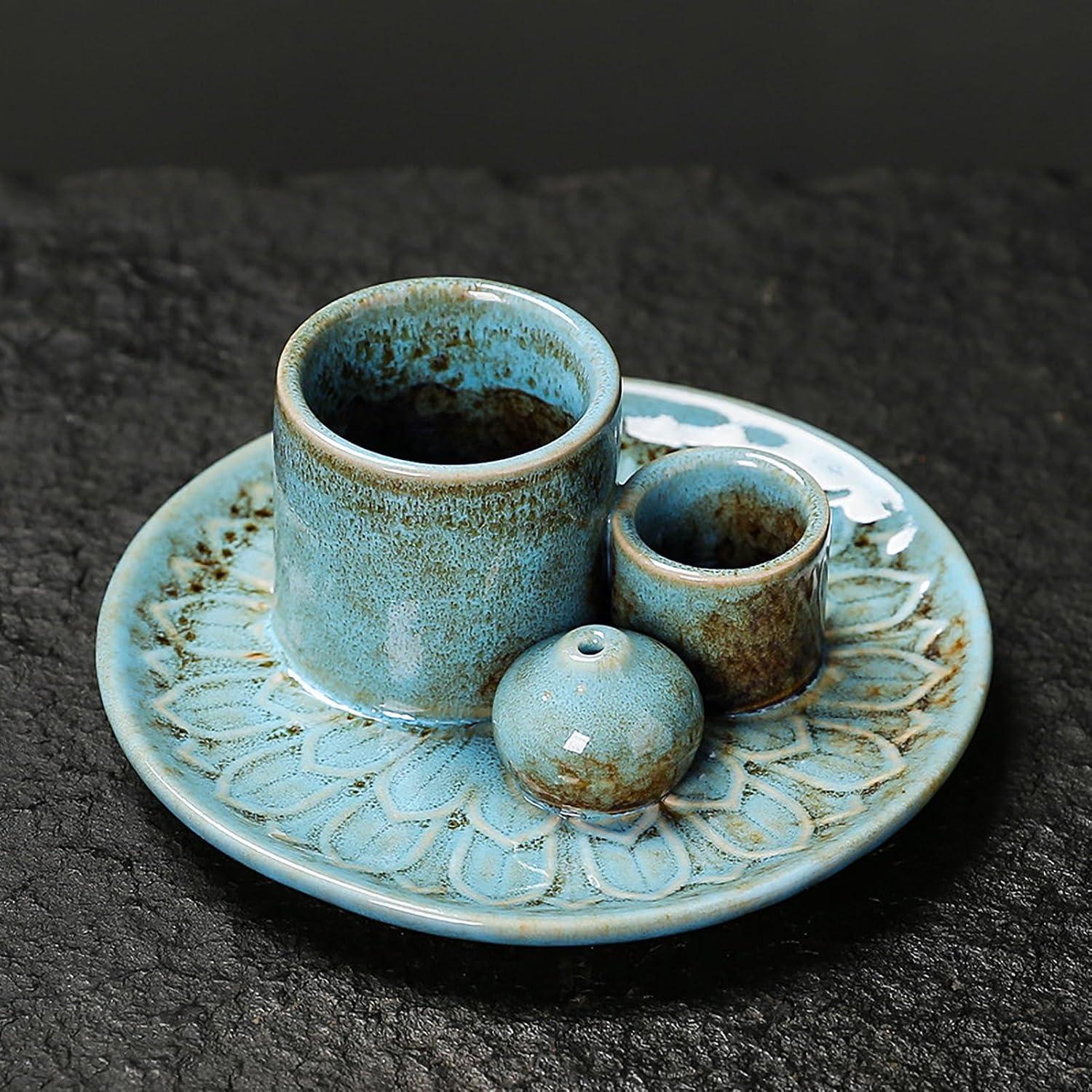 Soporte de Incienso y Vela Cerámico YIENENG 4 en 1 Azul