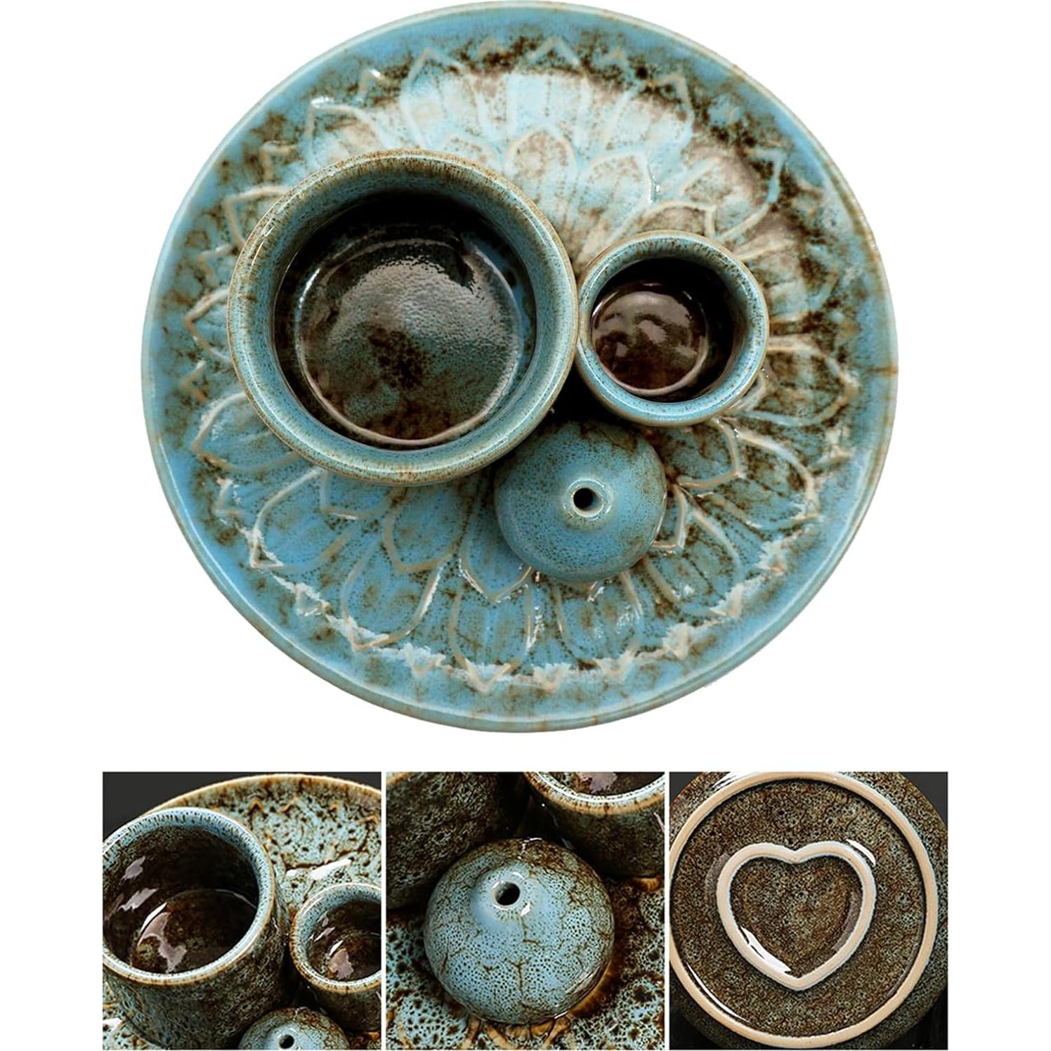 Soporte de Incienso y Vela Cerámico YIENENG 4 en 1 Azul