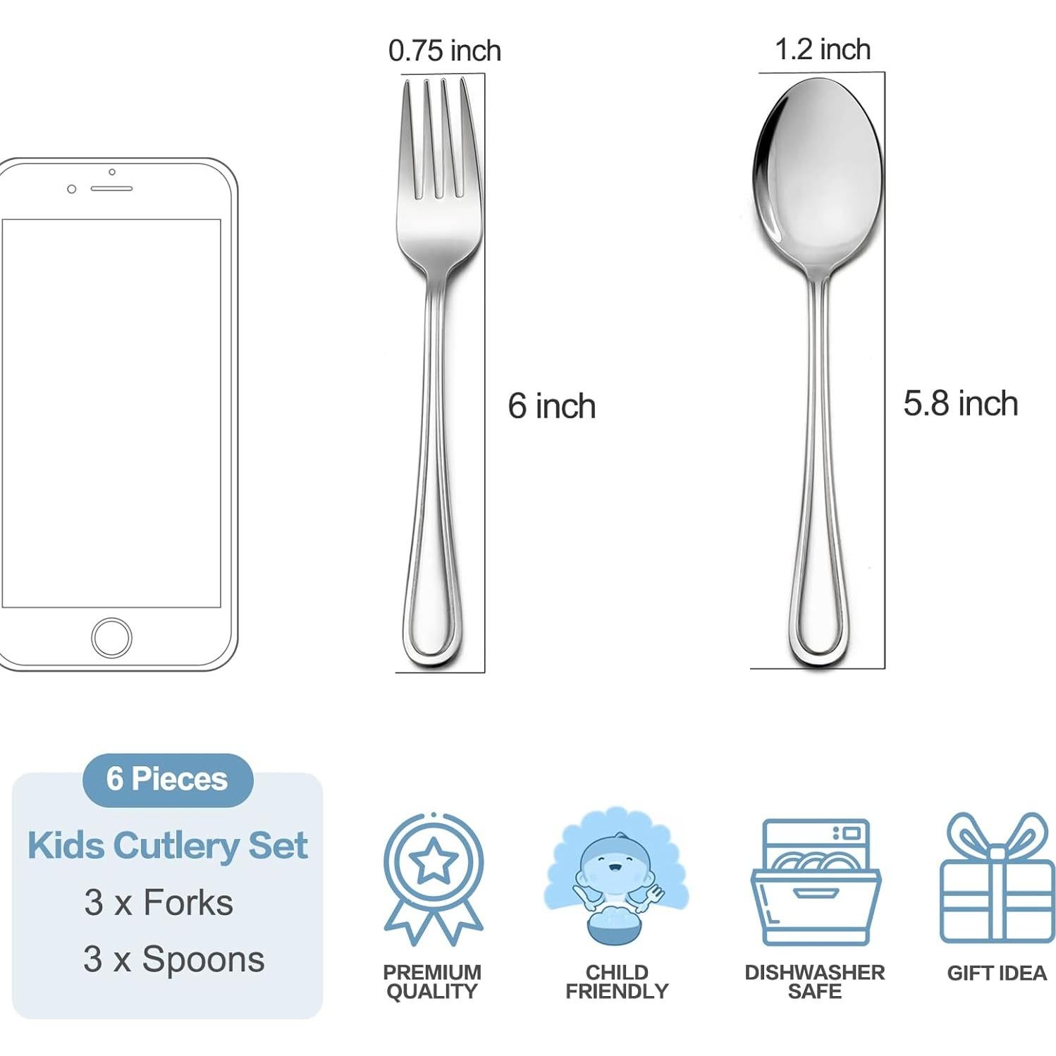 Juego de Cubiertos para Niños TeamFar - 6 Piezas Acero Inoxidable