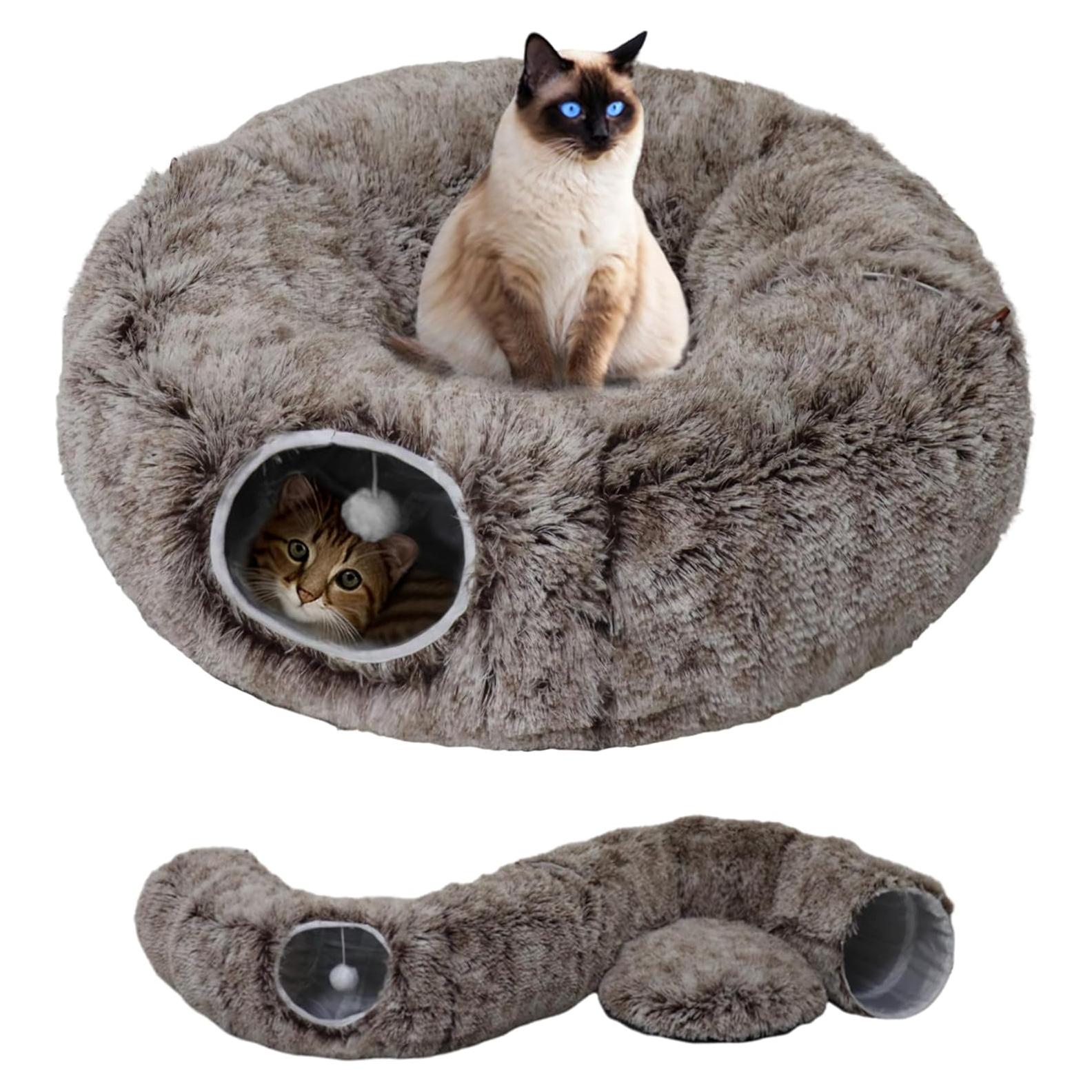Túnel de Gato WYZJL 2-en-1 con Cojín Lavable Marrón