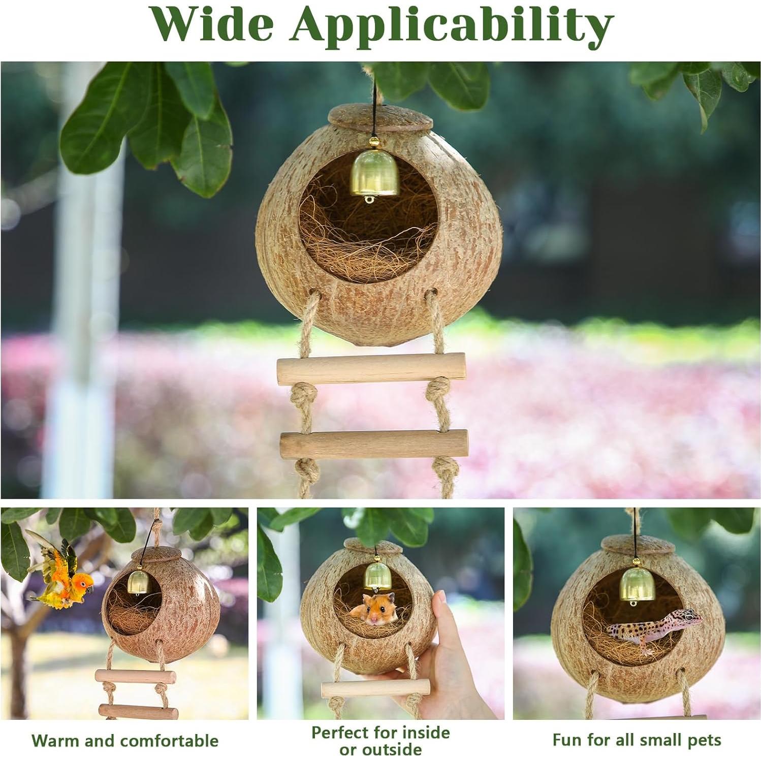 Nido de Coco Natural para Aves Briwooody con Escalera y Campana