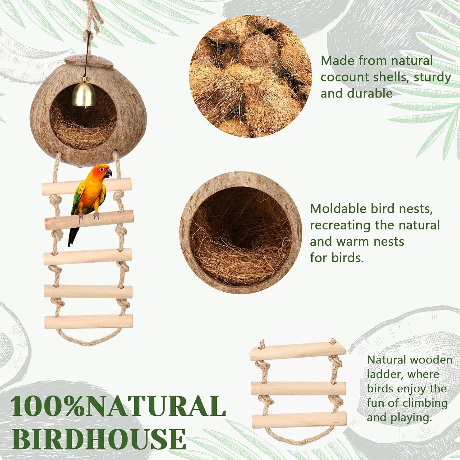 Nido de Coco Natural para Aves Briwooody con Escalera y Campana