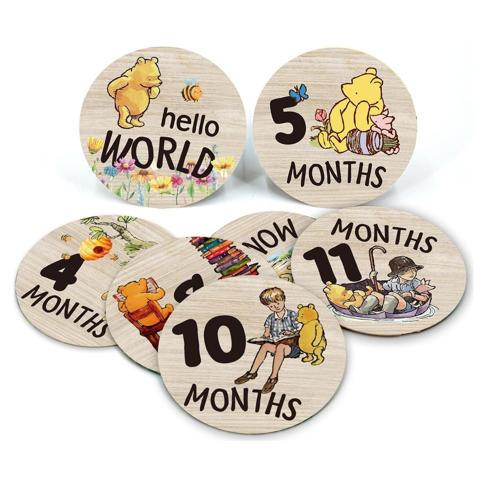 Tarjetas de Hito Mensual de Madera Winnie - 7 Piezas Reutilizables