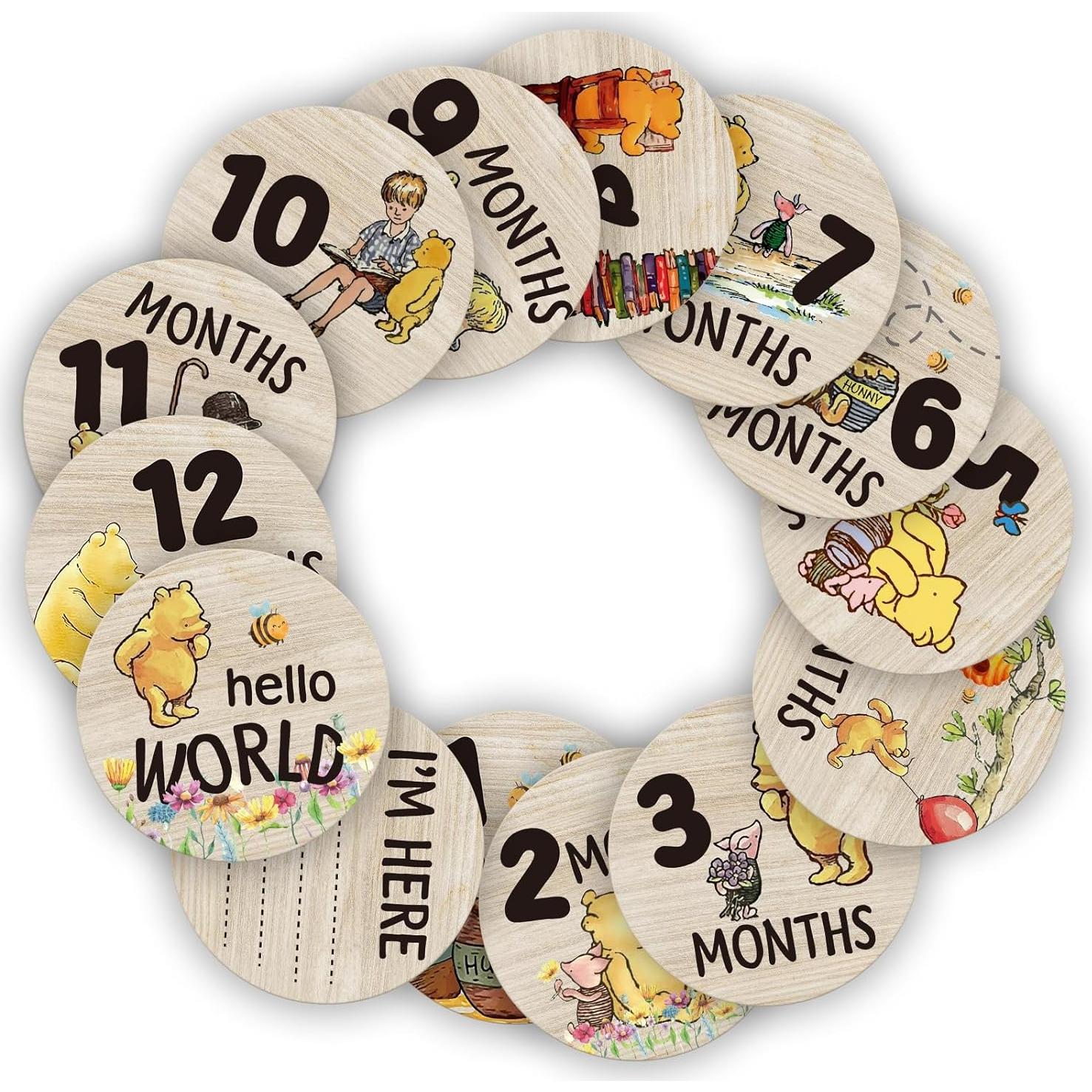 Tarjetas de Hito Mensual de Madera Winnie - 7 Piezas Reutilizables