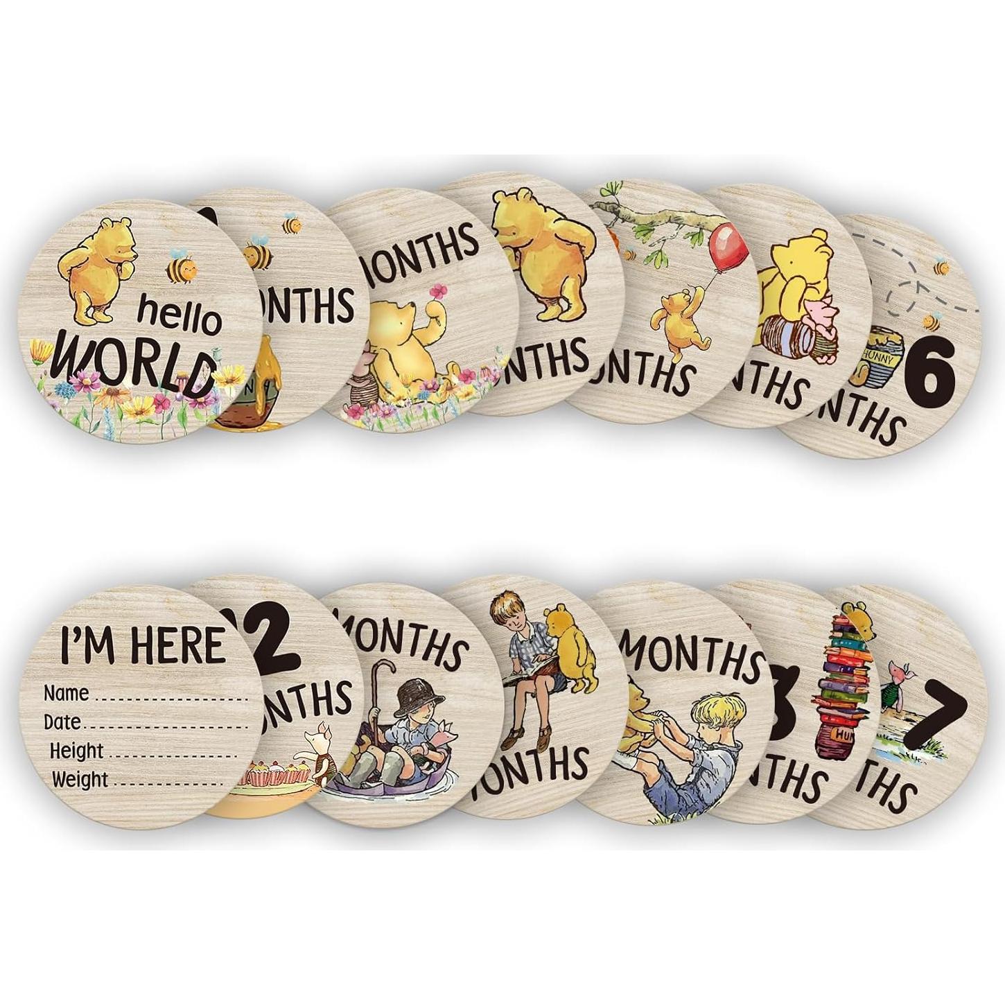 Tarjetas de Hito Mensual de Madera Winnie - 7 Piezas Reutilizables