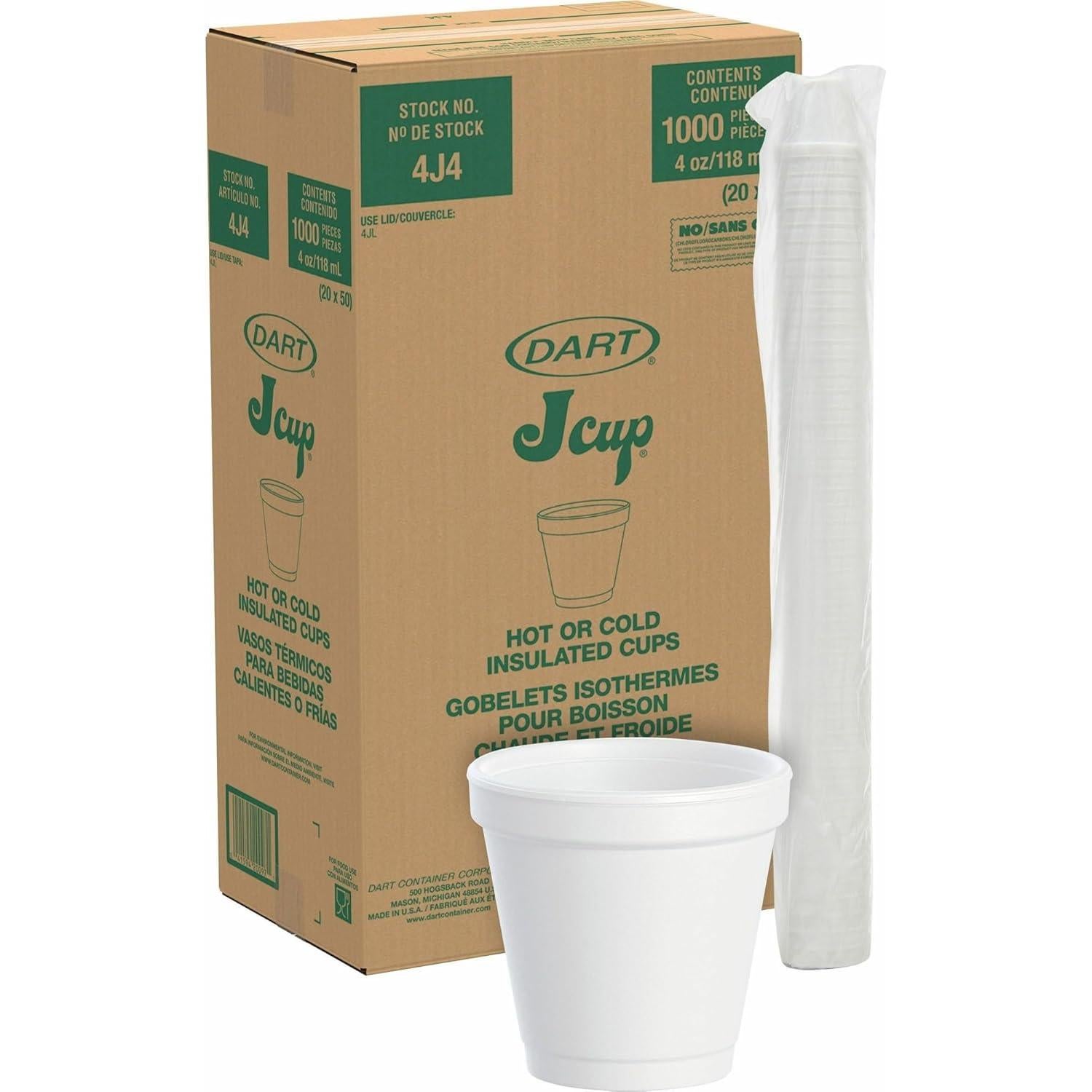 Tazas de Espuma Dart 4J4 4 oz Blancas - Caja de 1000 Unidades