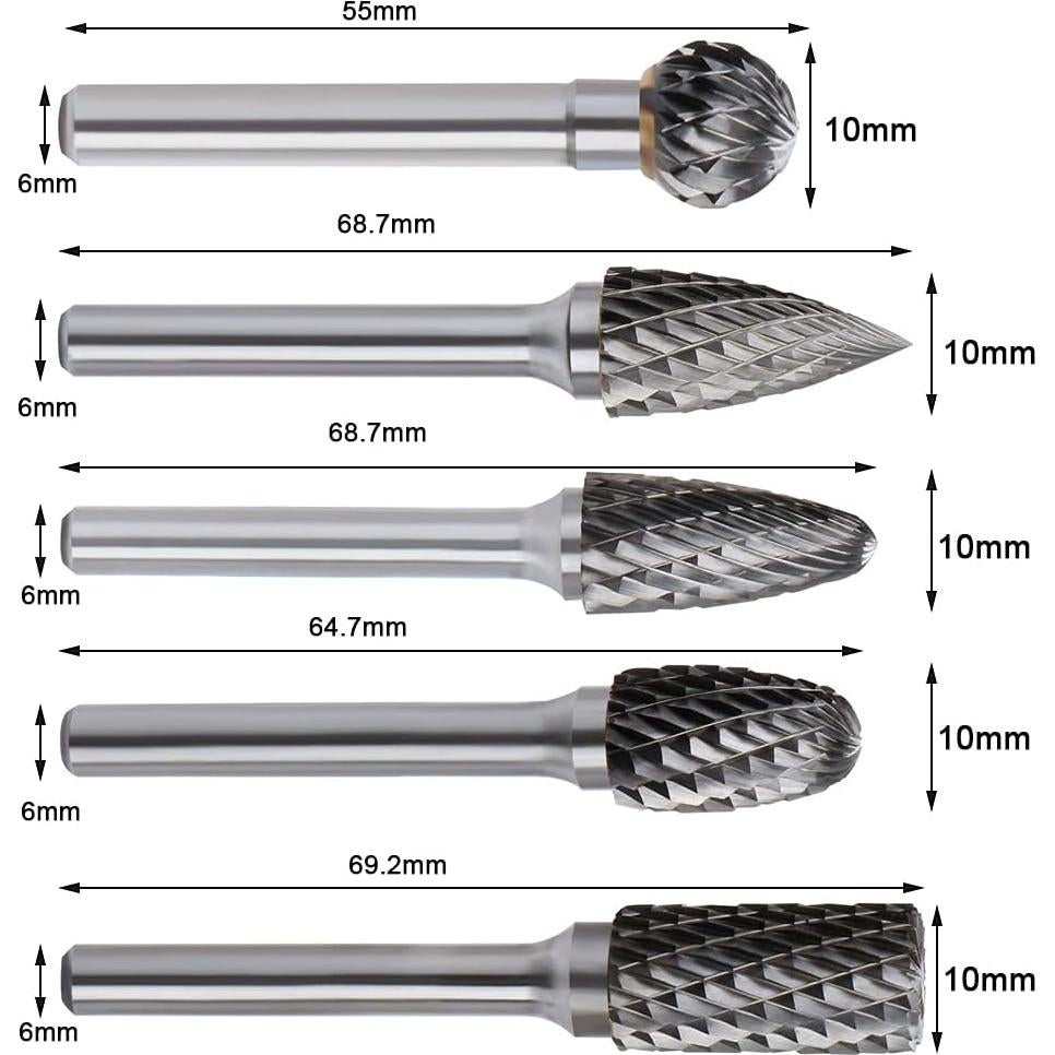 Juego de Fresas Rotativas ASNOMY 5PCS Carburo Doble Corte 10mm