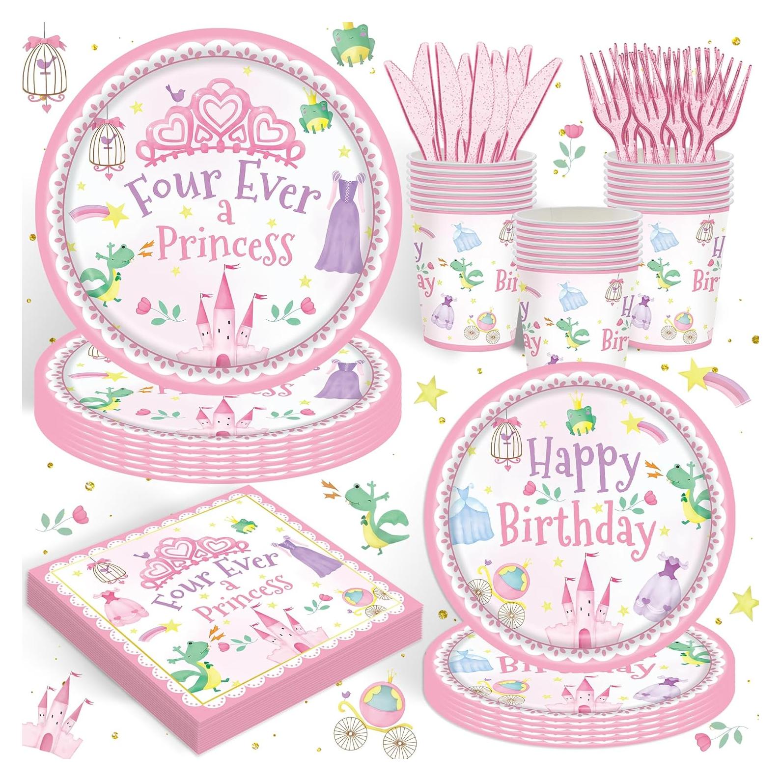 Set de Vajilla para Fiesta de Cumpleaños Princesa 4 Años - 120 Piezas