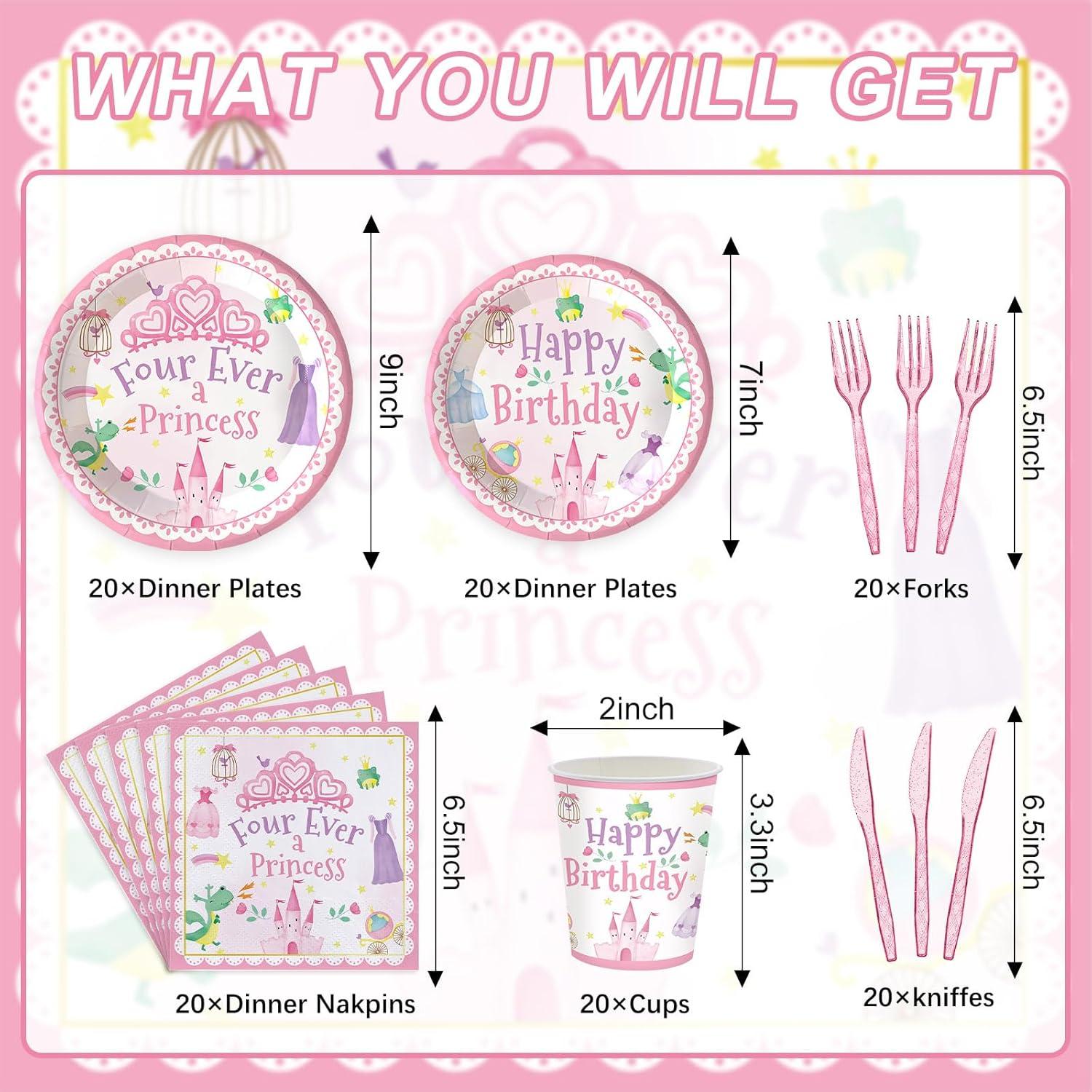 Set de Vajilla para Fiesta de Cumpleaños Princesa 4 Años - 120 Piezas