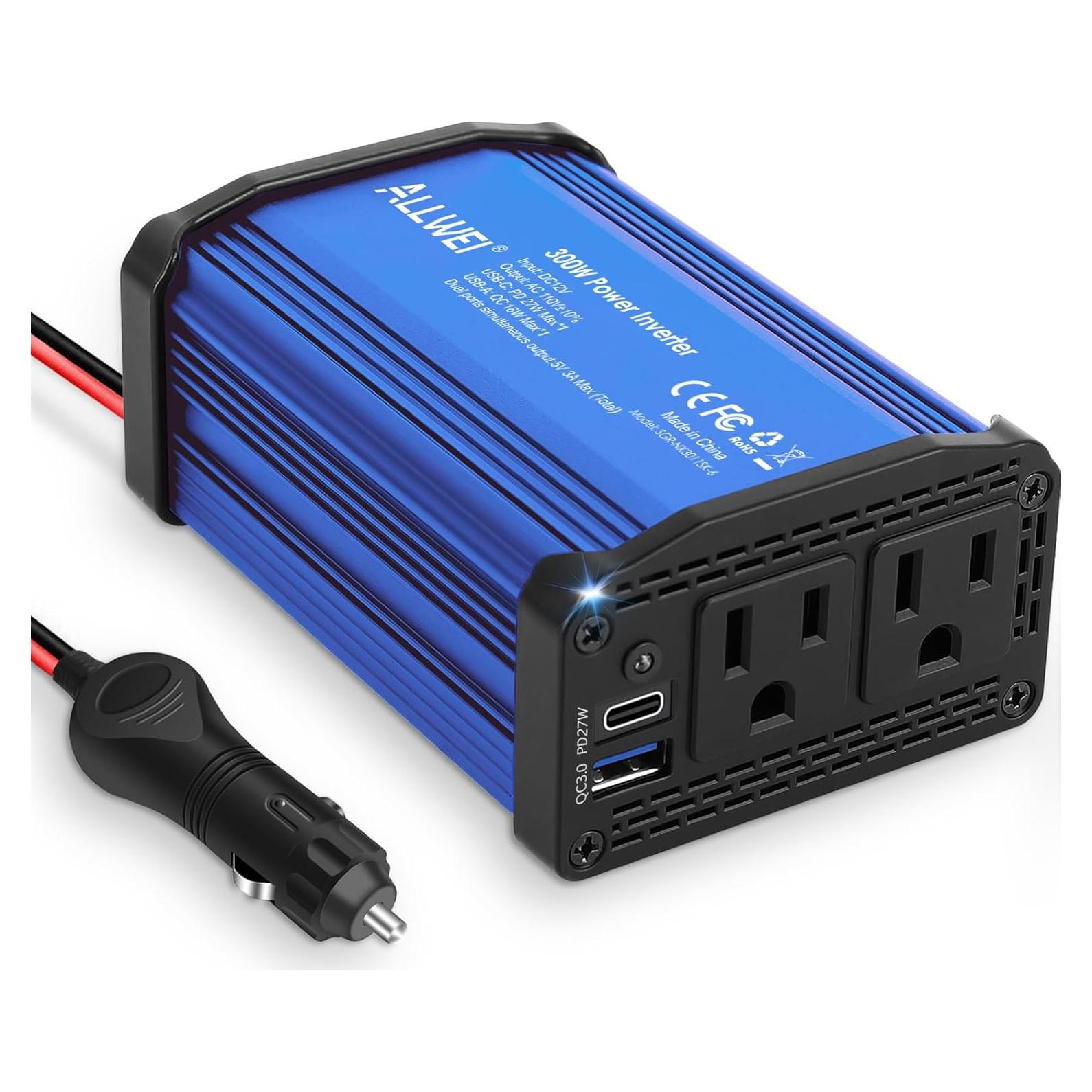 Inversor de Potencia 300W ALLWEI 12V a 220V con USB-C y USB-A
