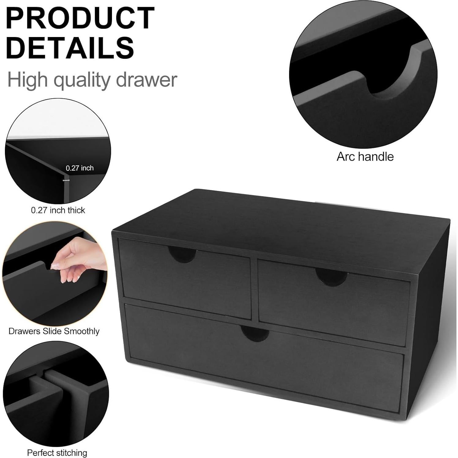 Organizador de Escritorio Charmewooden Negro 3 Cajones Bambú