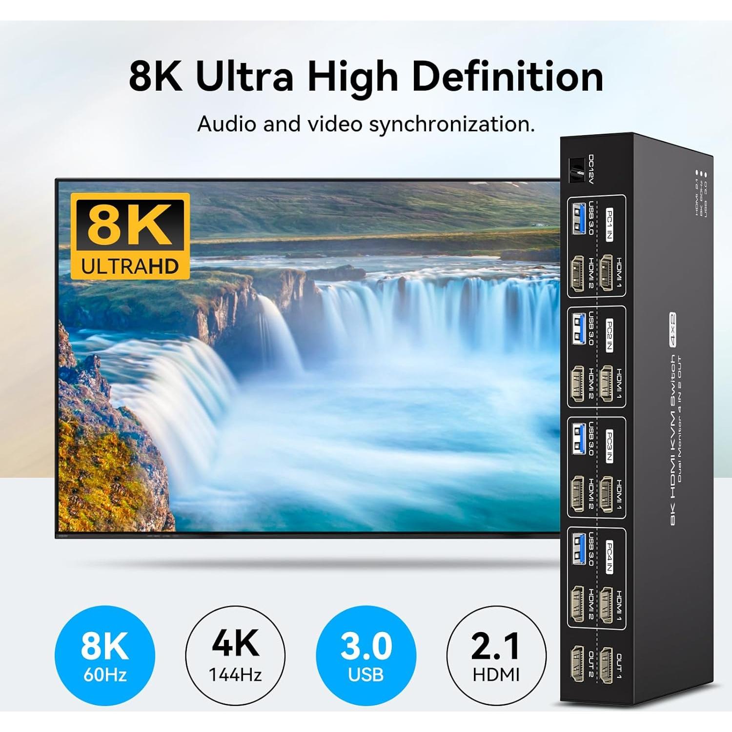 Interruptor KVM 4 Puertos PVBCTCSID 2 Monitores 8K 60Hz