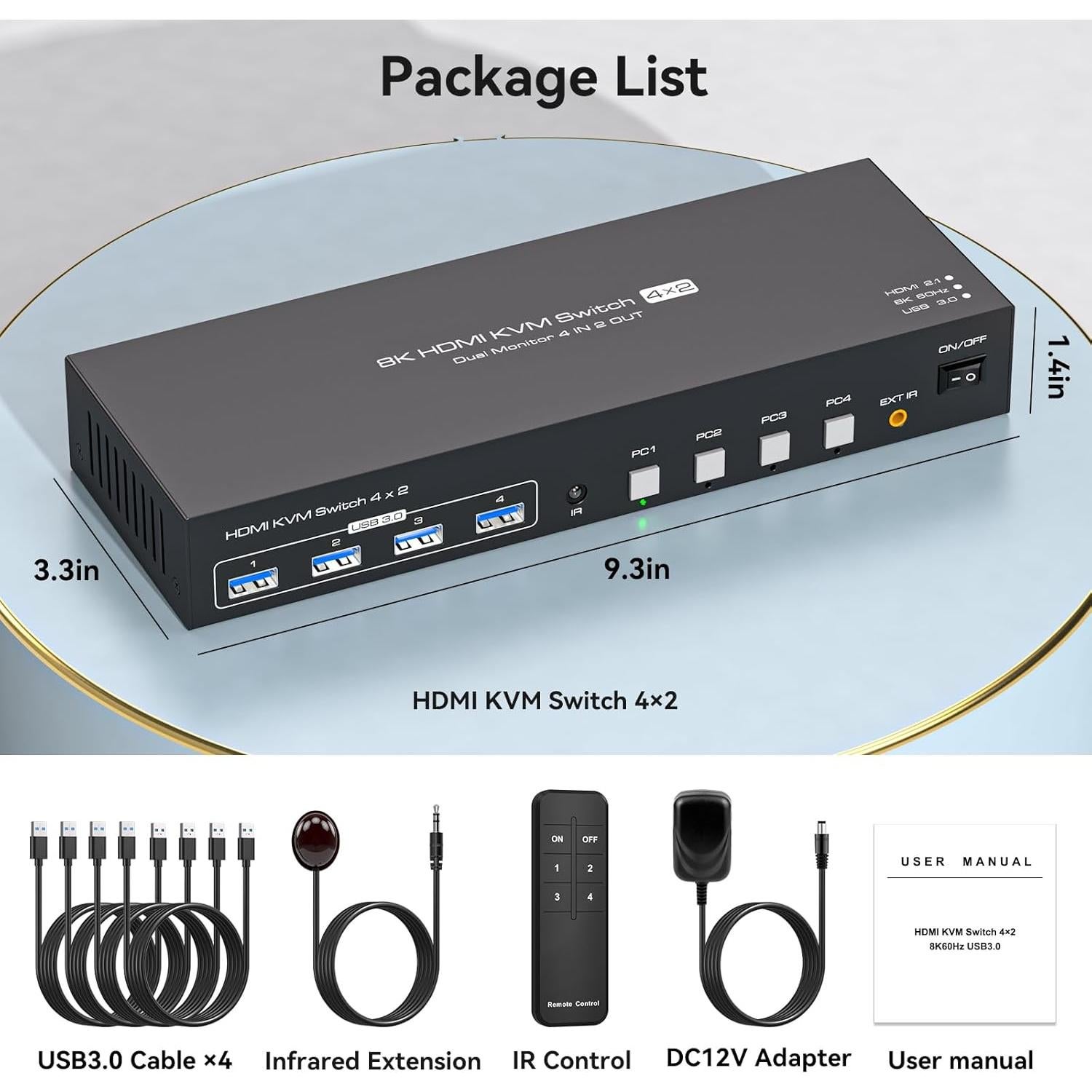 Interruptor KVM 4 Puertos PVBCTCSID 2 Monitores 8K 60Hz