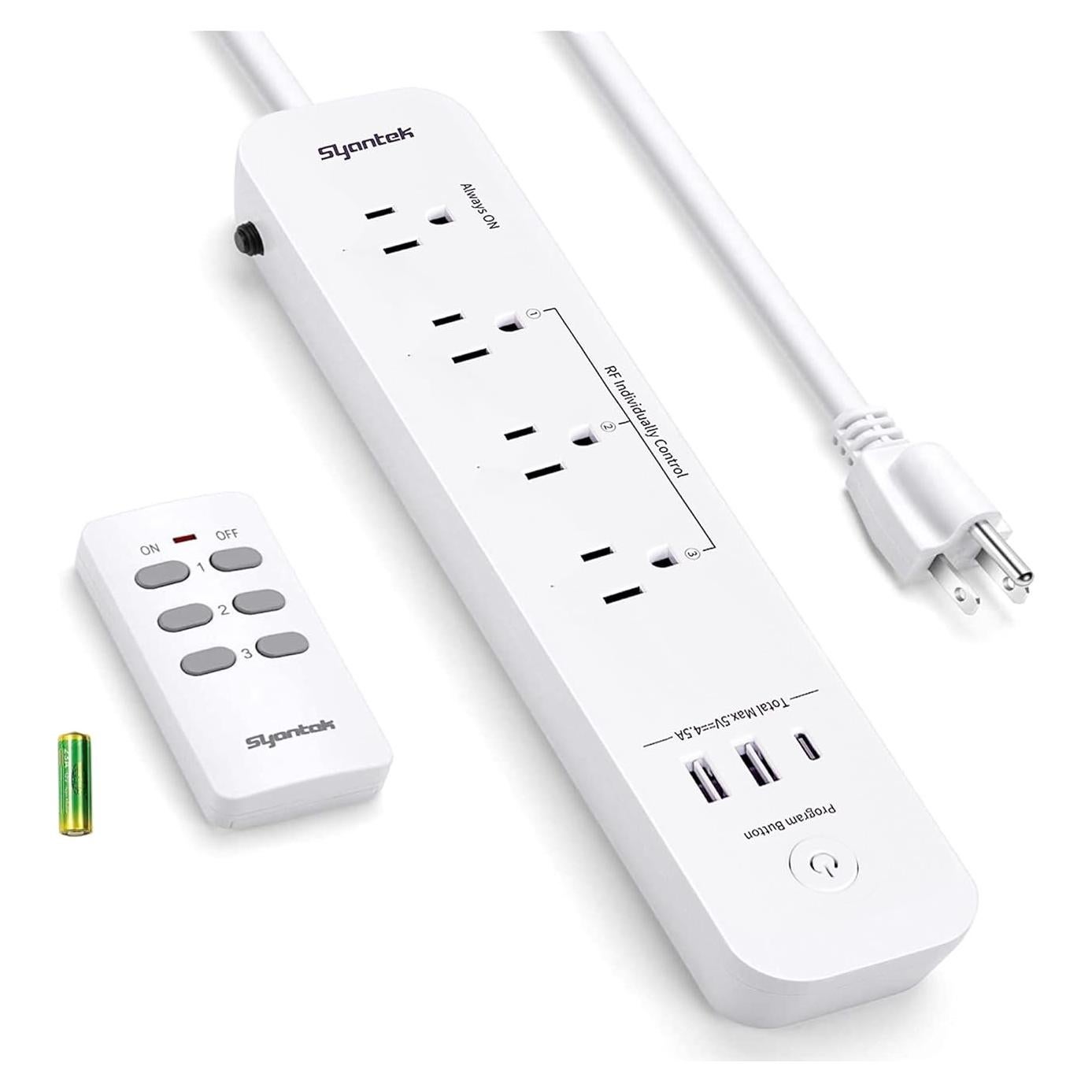 Regleta de Control Remoto Syantek con 3 Puertos USB y 3 Salidas