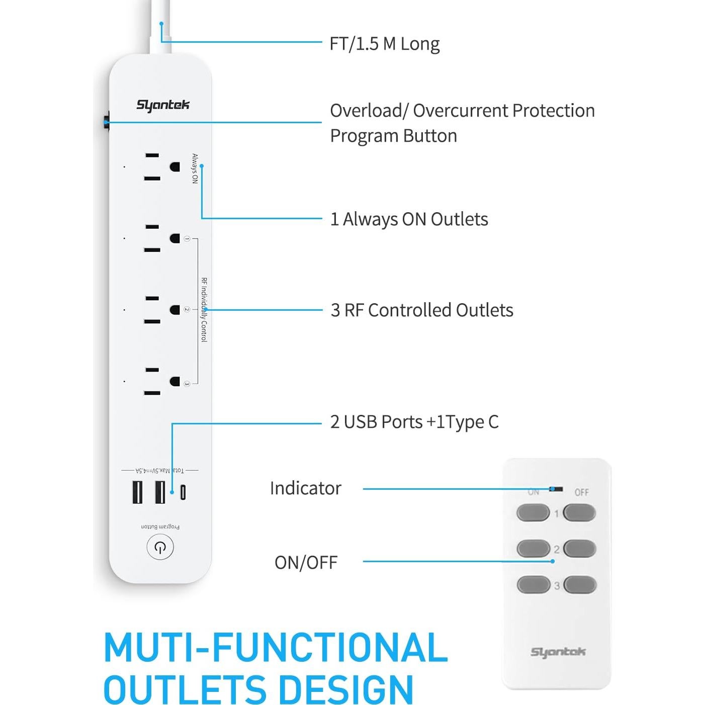 Regleta de Control Remoto Syantek con 3 Puertos USB y 3 Salidas