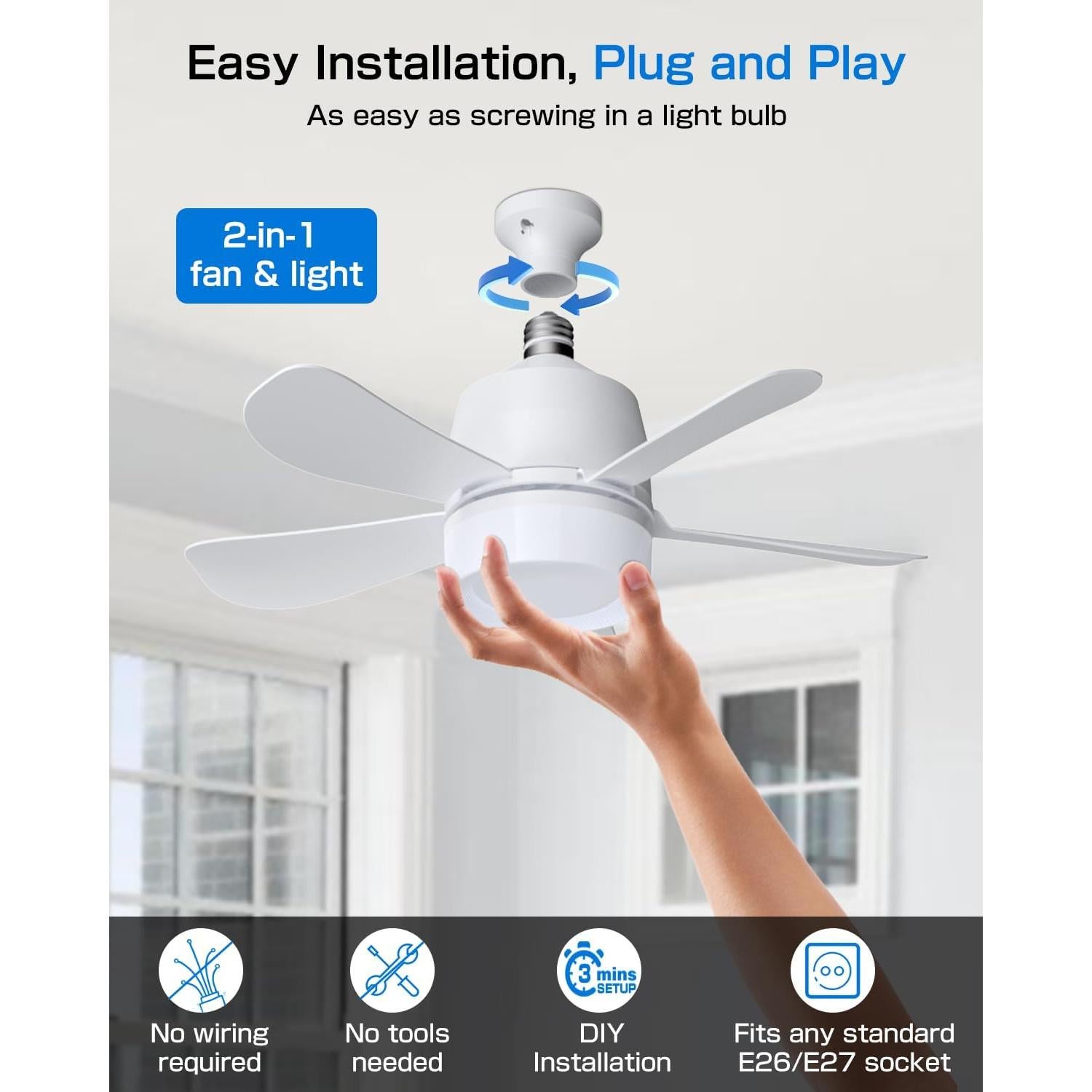 Ventilador de Techo Eonini 2 en 1 con Luz LED 1000LM Blanco