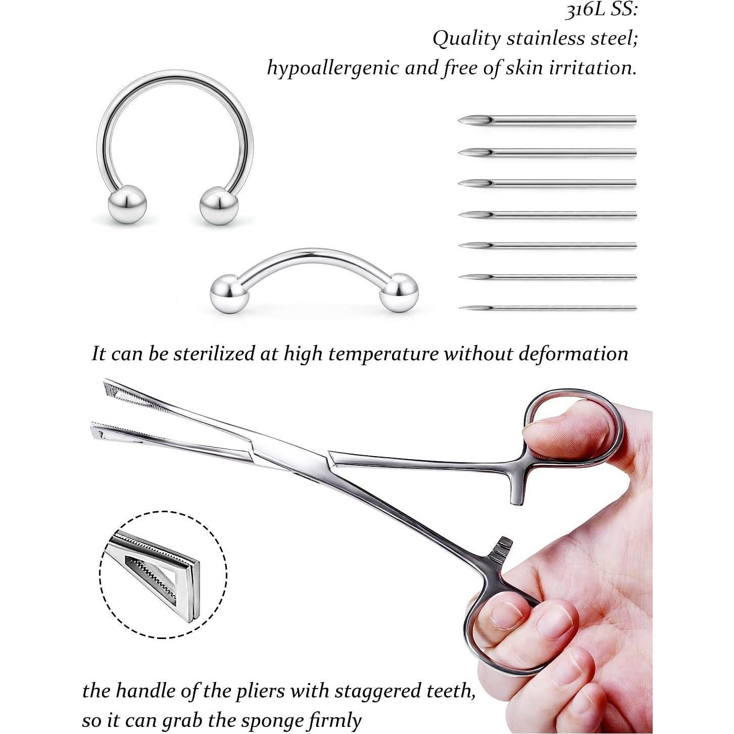 Kit de Piercing Vsnnsns 316L Acero Quirúrgico 14 Agujas 10 Joyas