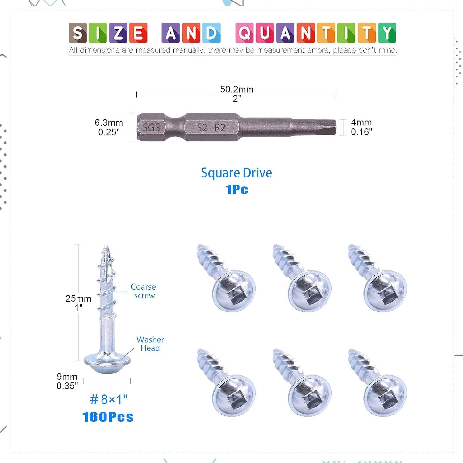 Tornillos de agujero de bolsillo Glarks 160Pcs #8x25.4mm
