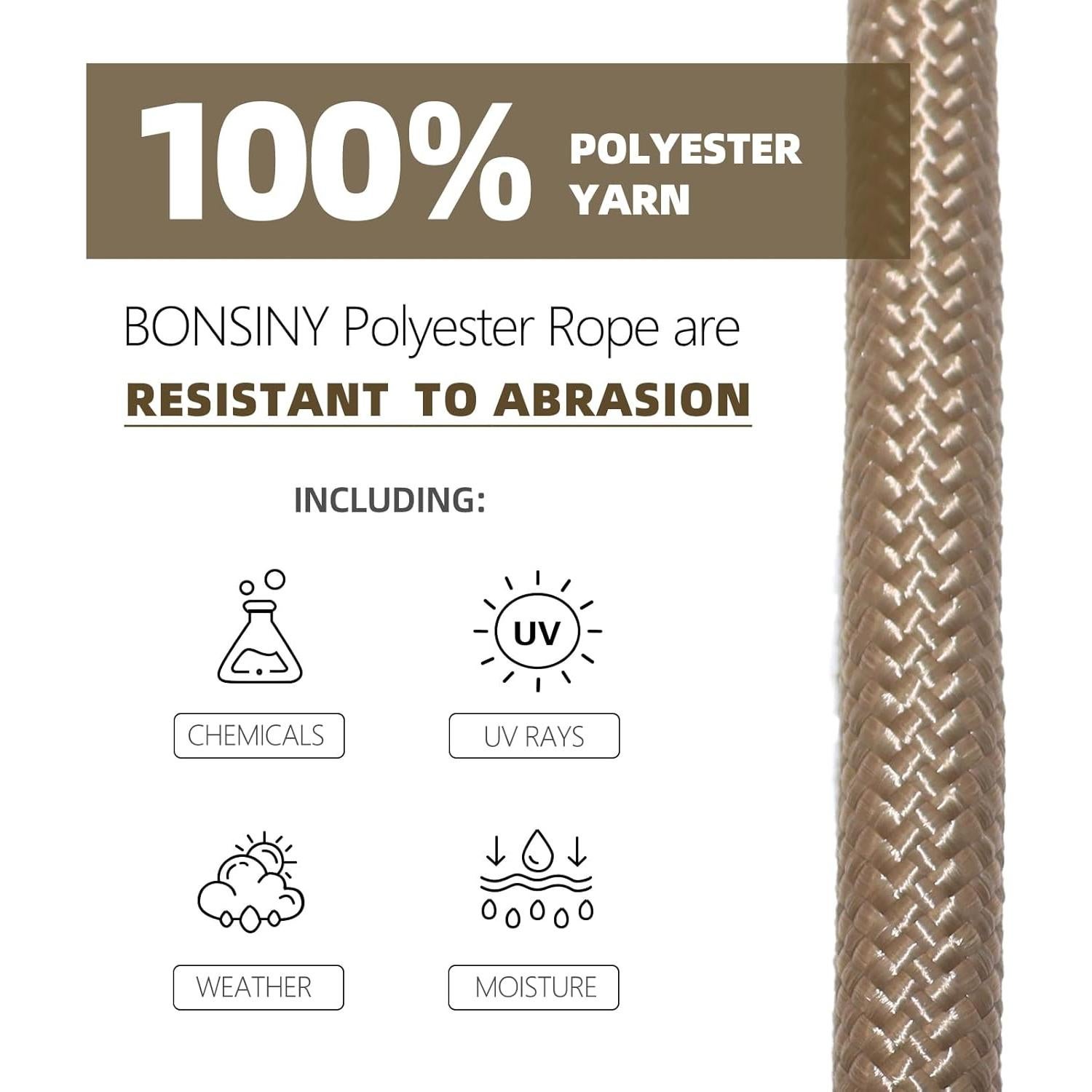 Cuerda de poliéster trenzada BONSINY 1.27 cm x 1524 cm marrón