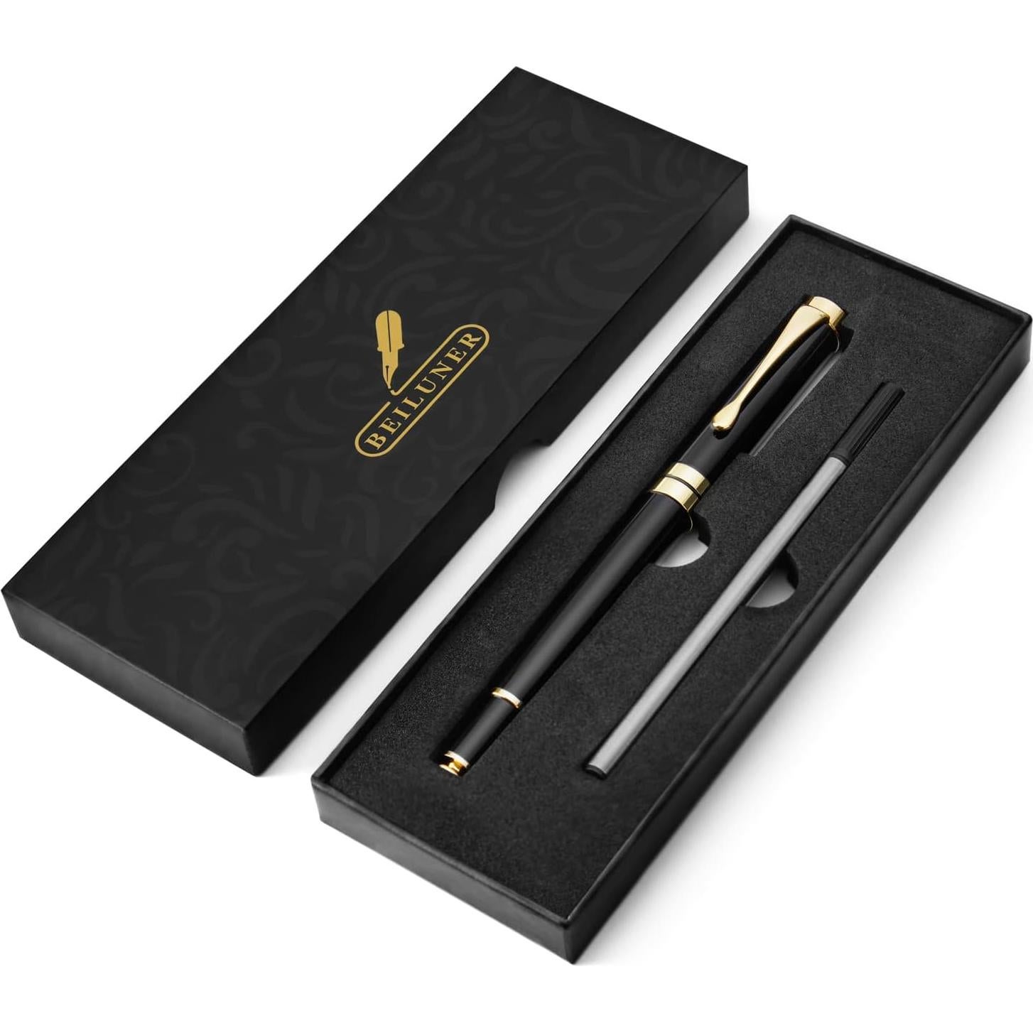 Bolígrafo BEILUNER Metal Cromado Negro con Detalles Dorados