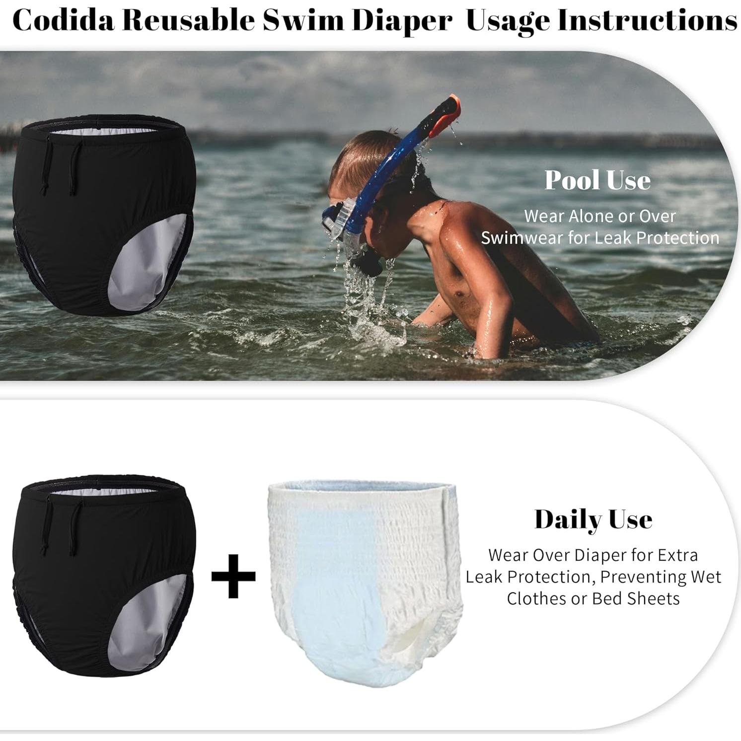Pañal de Natación Reutilizable Codida 5-6T Negro para Niños