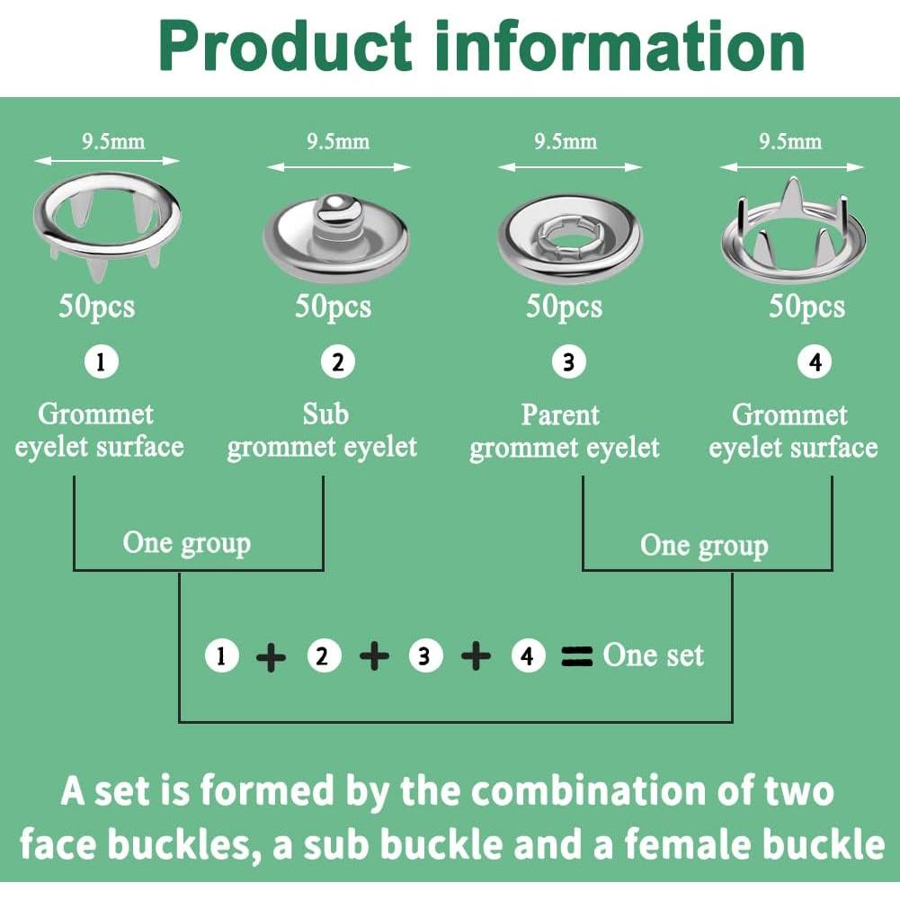 Kit de 50 Botones a Presión TLKKUE 9.5mm Metal Plateado