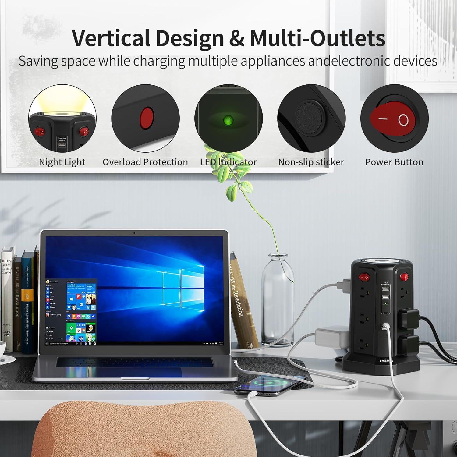 Protector de Sobretensión PASSUS 16 Pies con USB C y Luz Nocturna