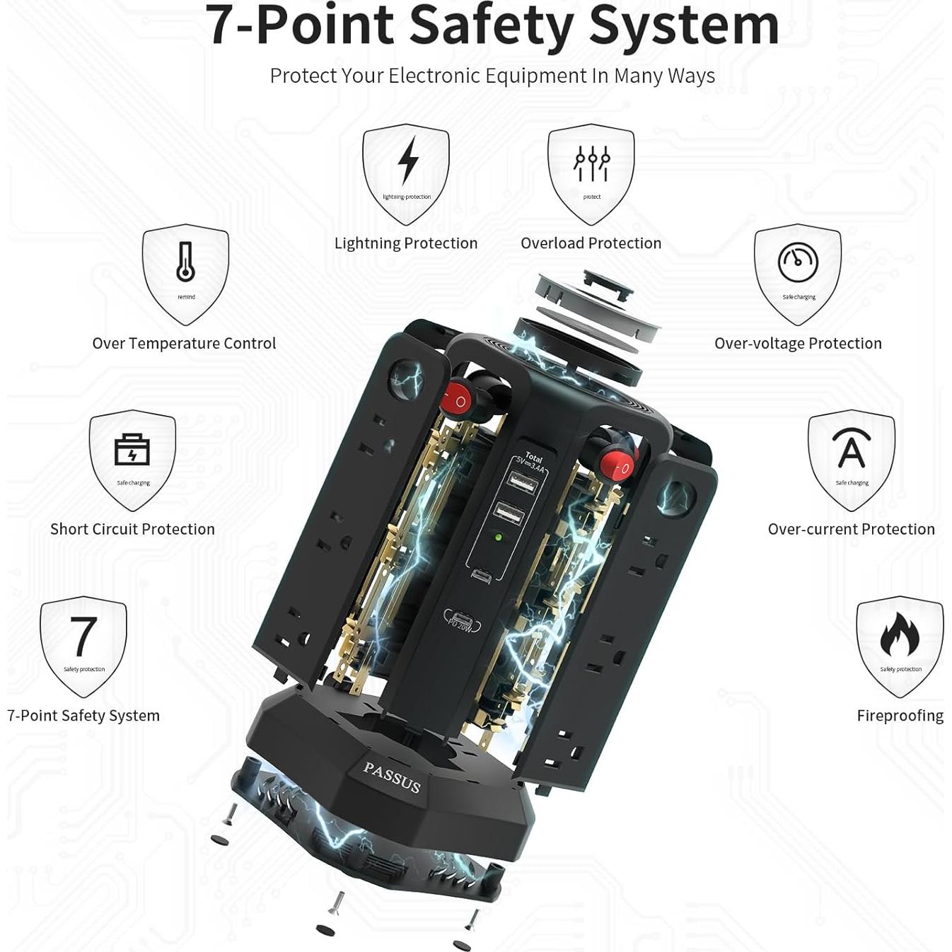 Protector de Sobretensión PASSUS 16 Pies con USB C y Luz Nocturna