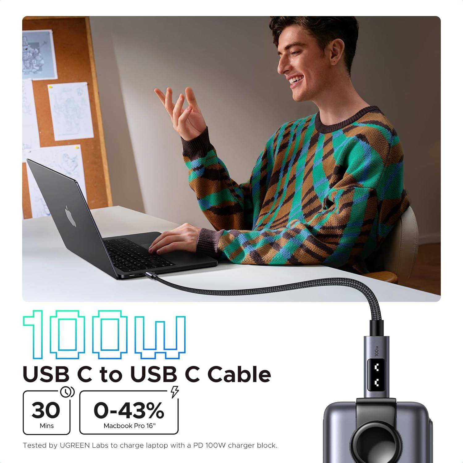 Cable USB C a USB C 100W UGREEN 0.49m Carga Rápida LED Negro