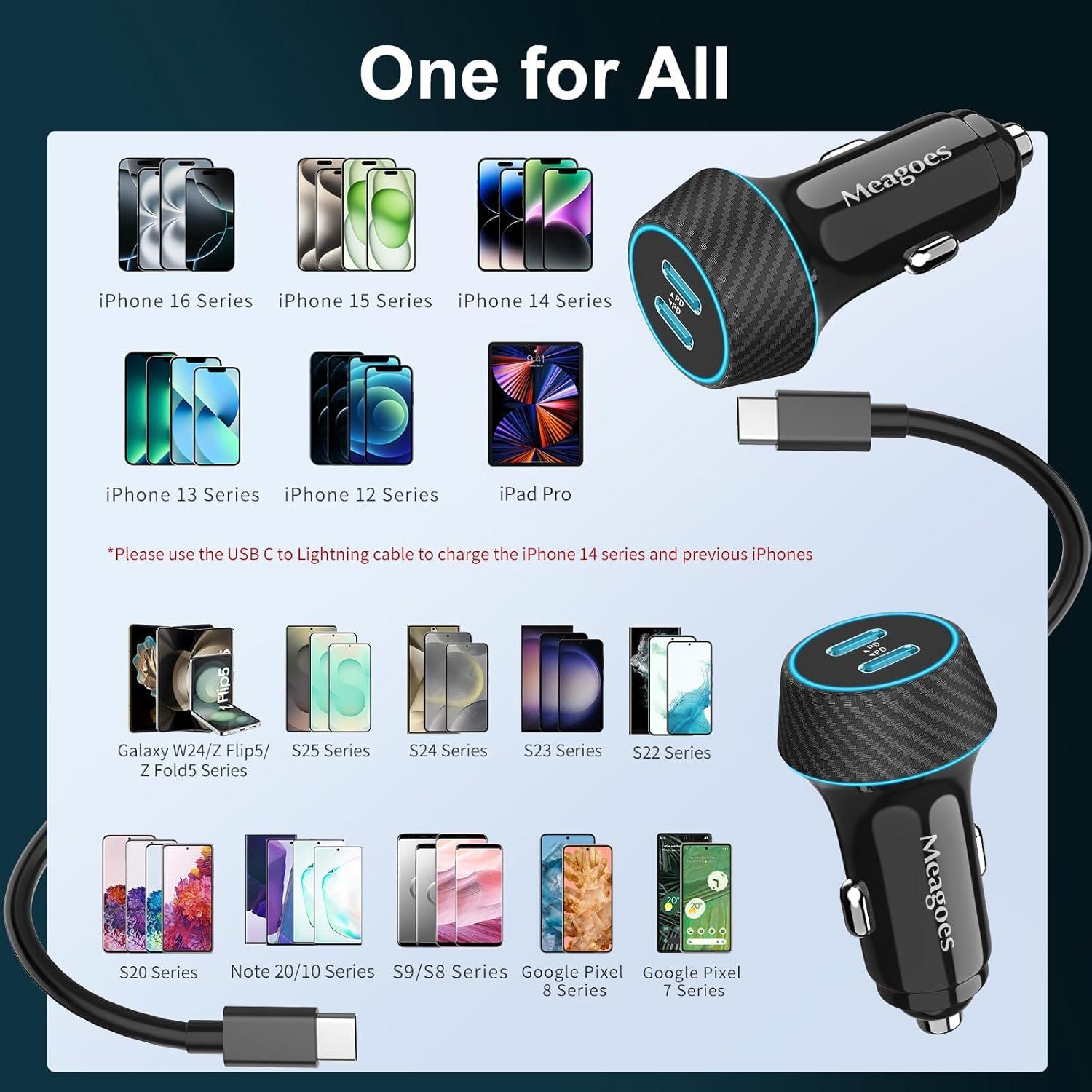 Paquete de 2 Cargadores de Coche USB C 45W Meagoes con Cable 1m