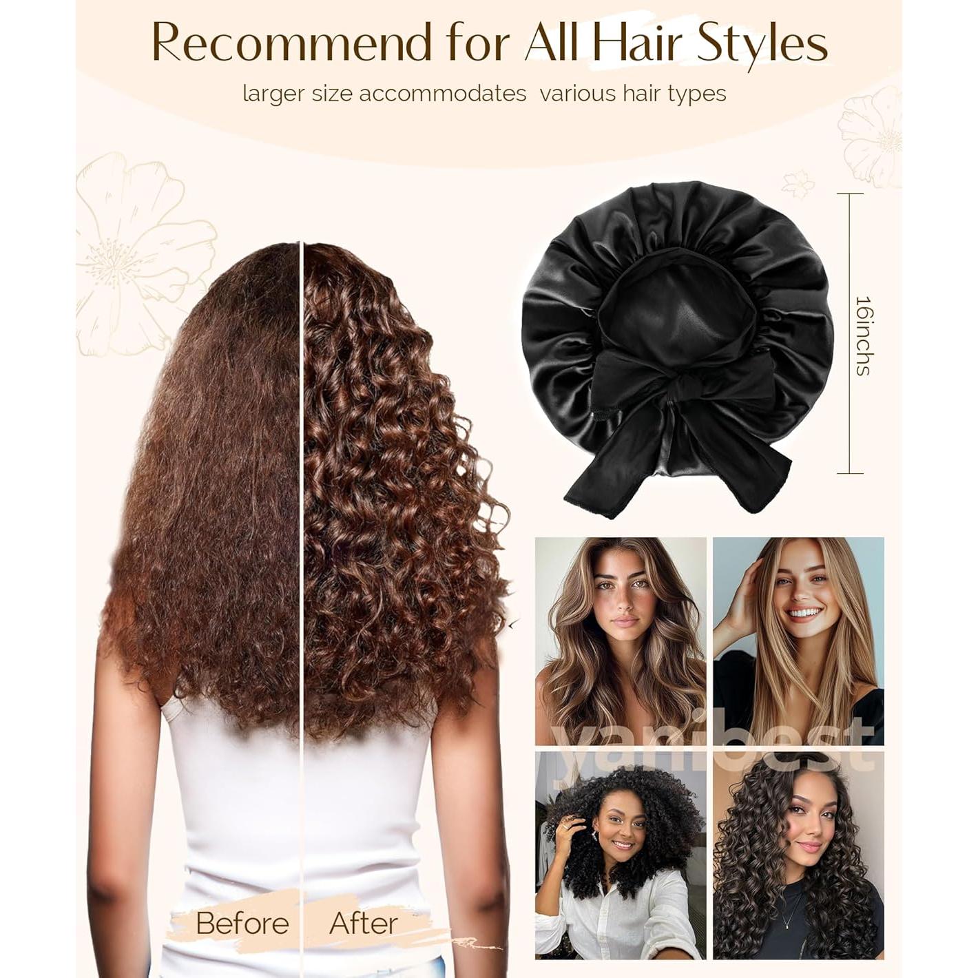 Bonete de Satén Yanibest Ajustable para Dormir - Negro