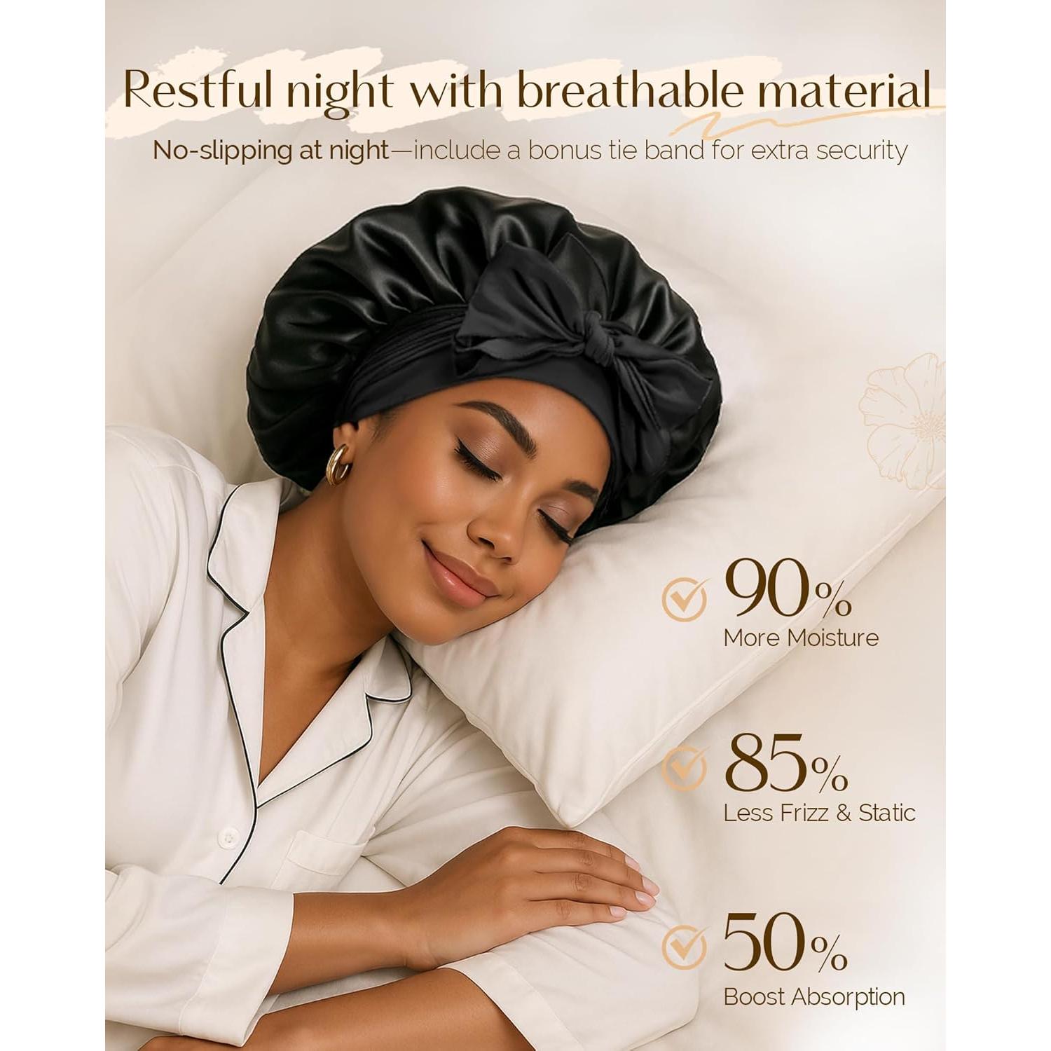 Bonete de Satén Yanibest Ajustable para Dormir - Negro