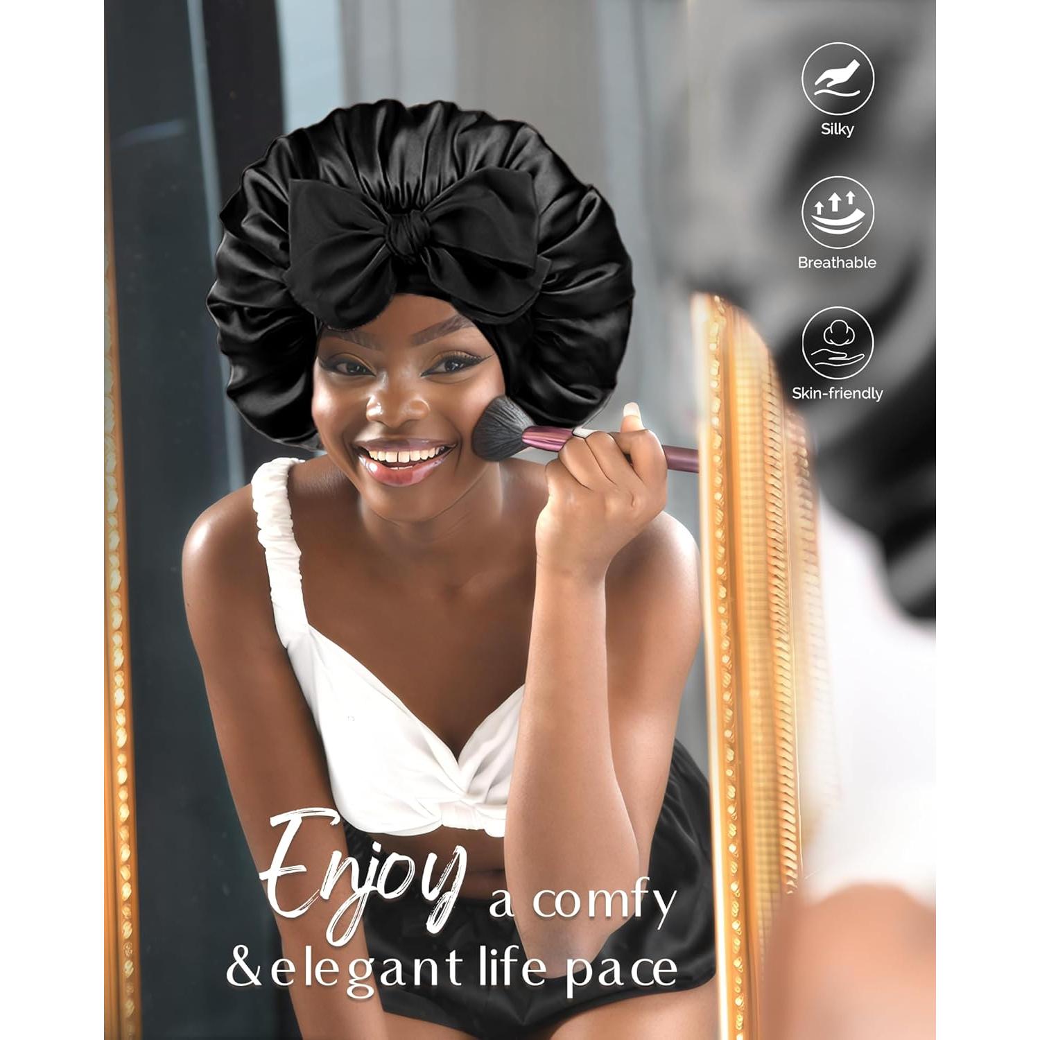 Bonete de Satén Yanibest Ajustable para Dormir - Negro