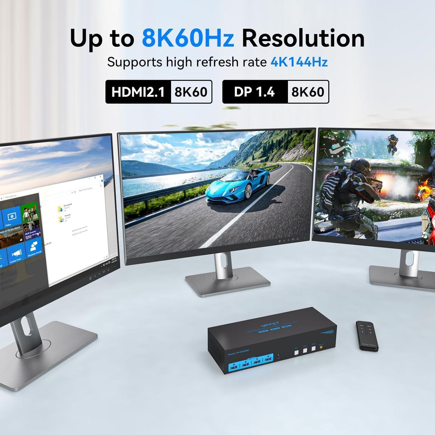 Conmutador KVM 3 Monitores 4K 144Hz HDMI + 2 DP CMSTEDCD